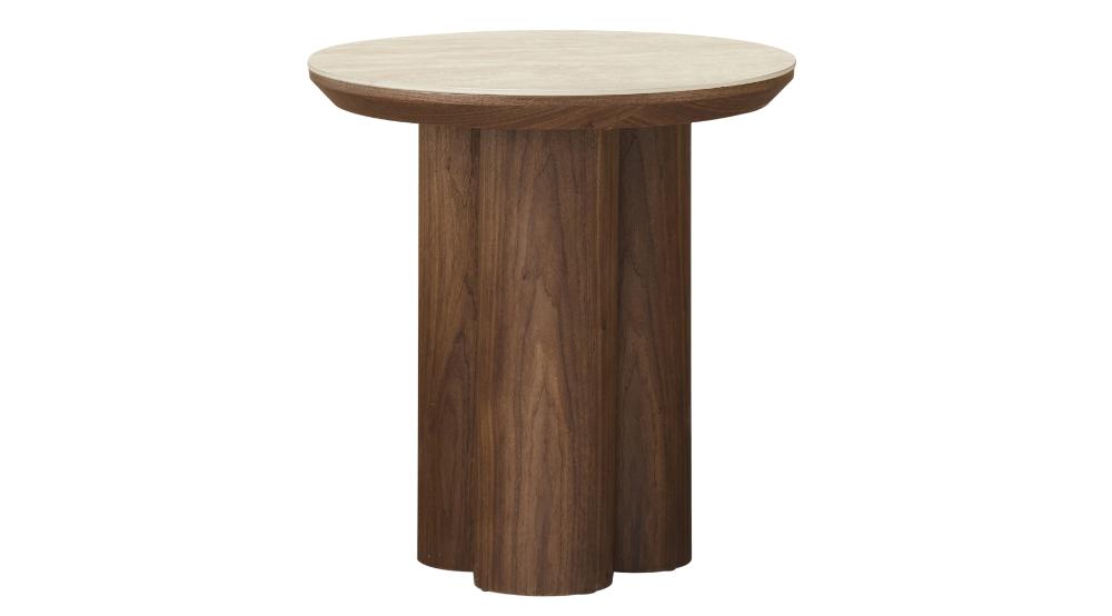Seaton Round Accent Table in Walnut and Travertine