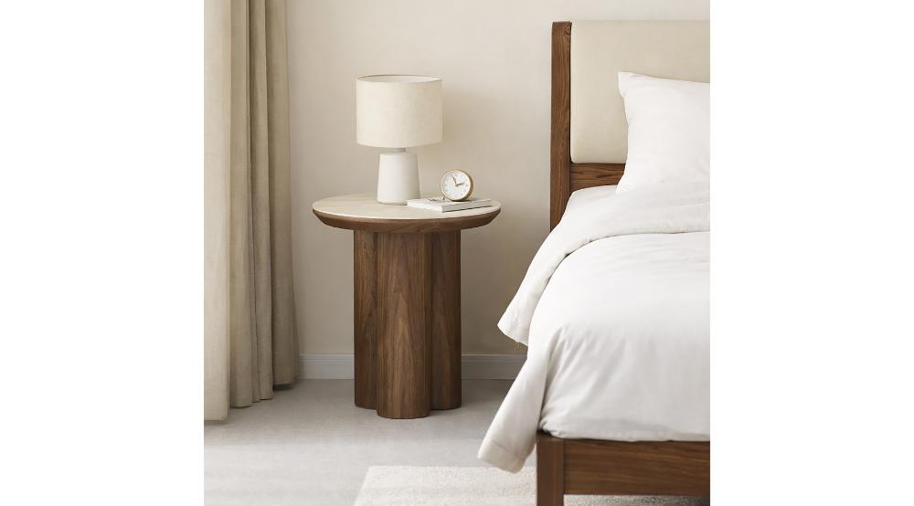 Seaton Round Accent Table in Walnut and Travertine