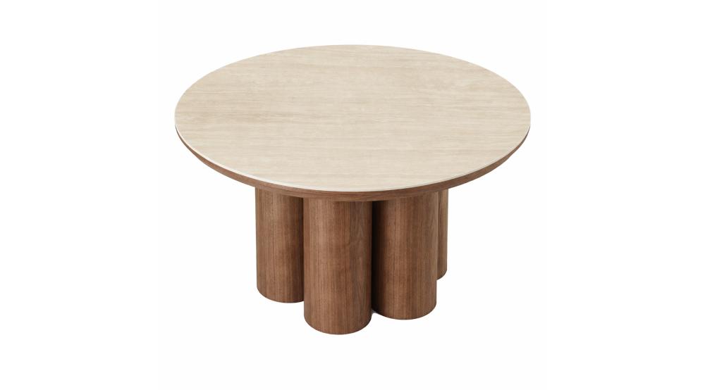 Seaton Round Coffee Table in Walnut and Travertine