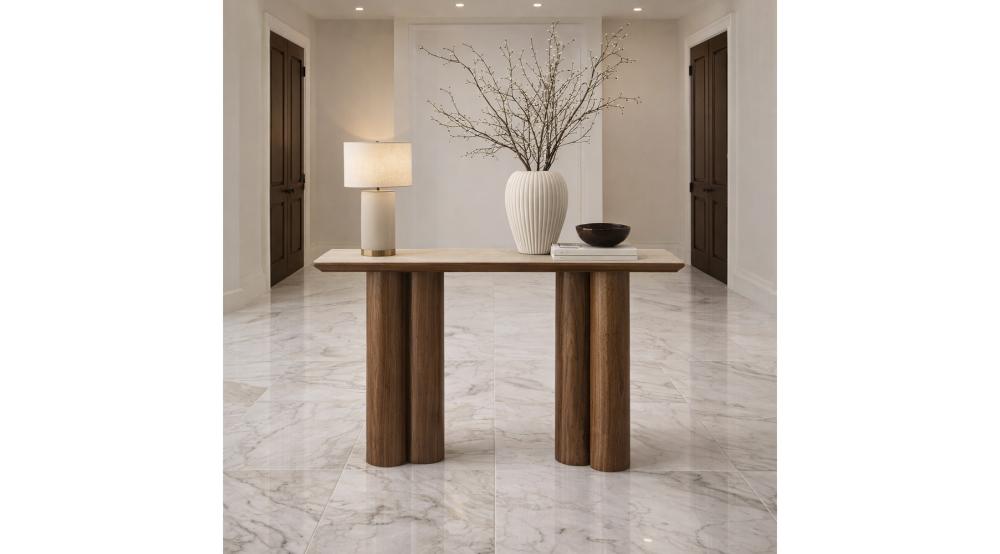Seaton Console Table, 47.25" in Walnut and Travertine