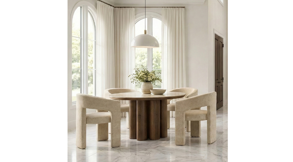 Seaton and Amara 5pc Dining Set - Walnut and Travertine Table and Beige Chairs