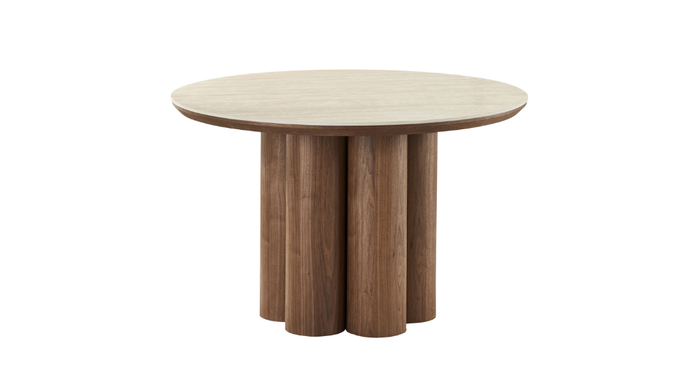Seaton and Amara 5pc Dining Set - Walnut and Travertine Table and Beige Chairs