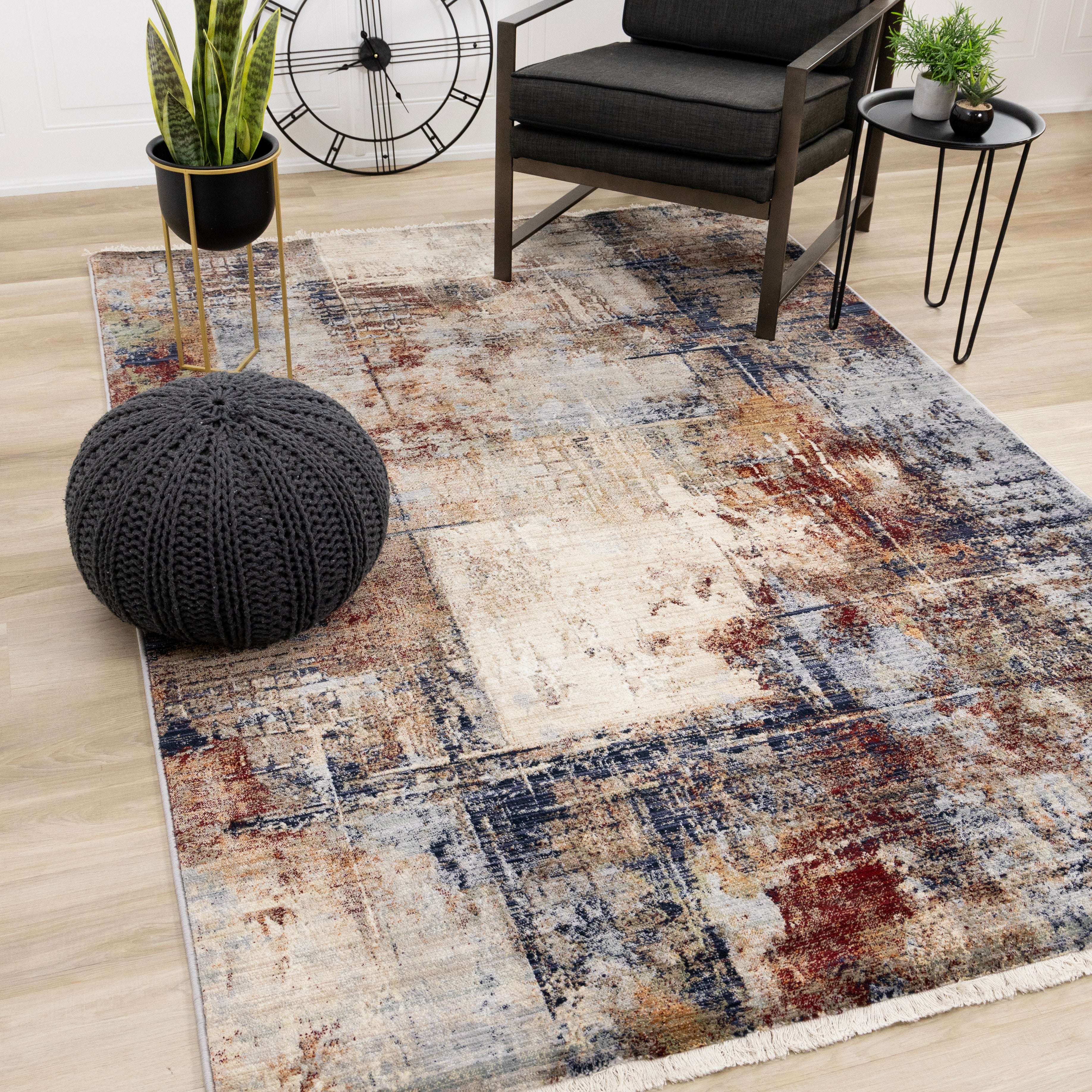 Serene Red Blue Beige Layered Distressed Rug