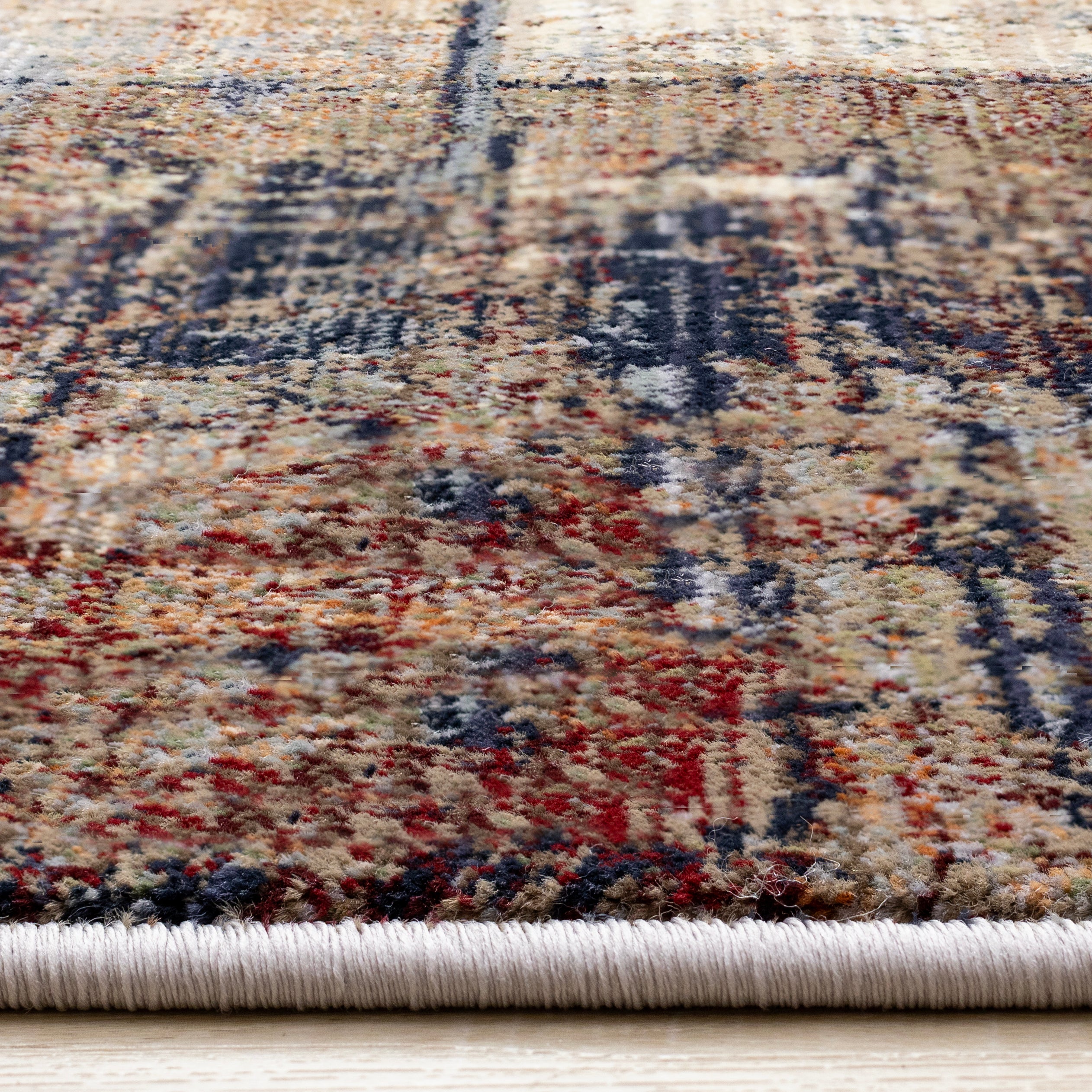 Serene Red Blue Beige Layered Distressed Rug