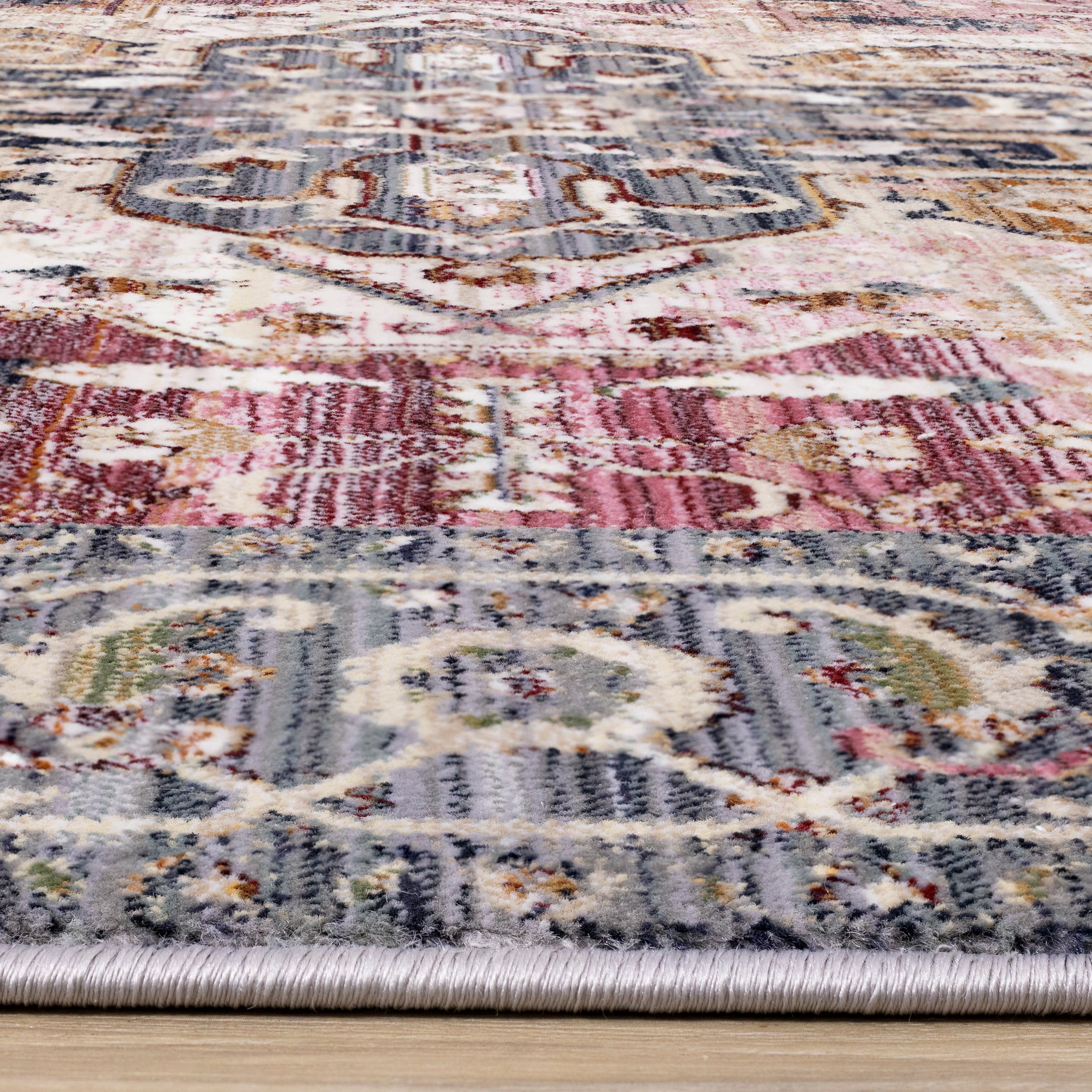 Serene Pink Cream Blue Elaborate Border Rug