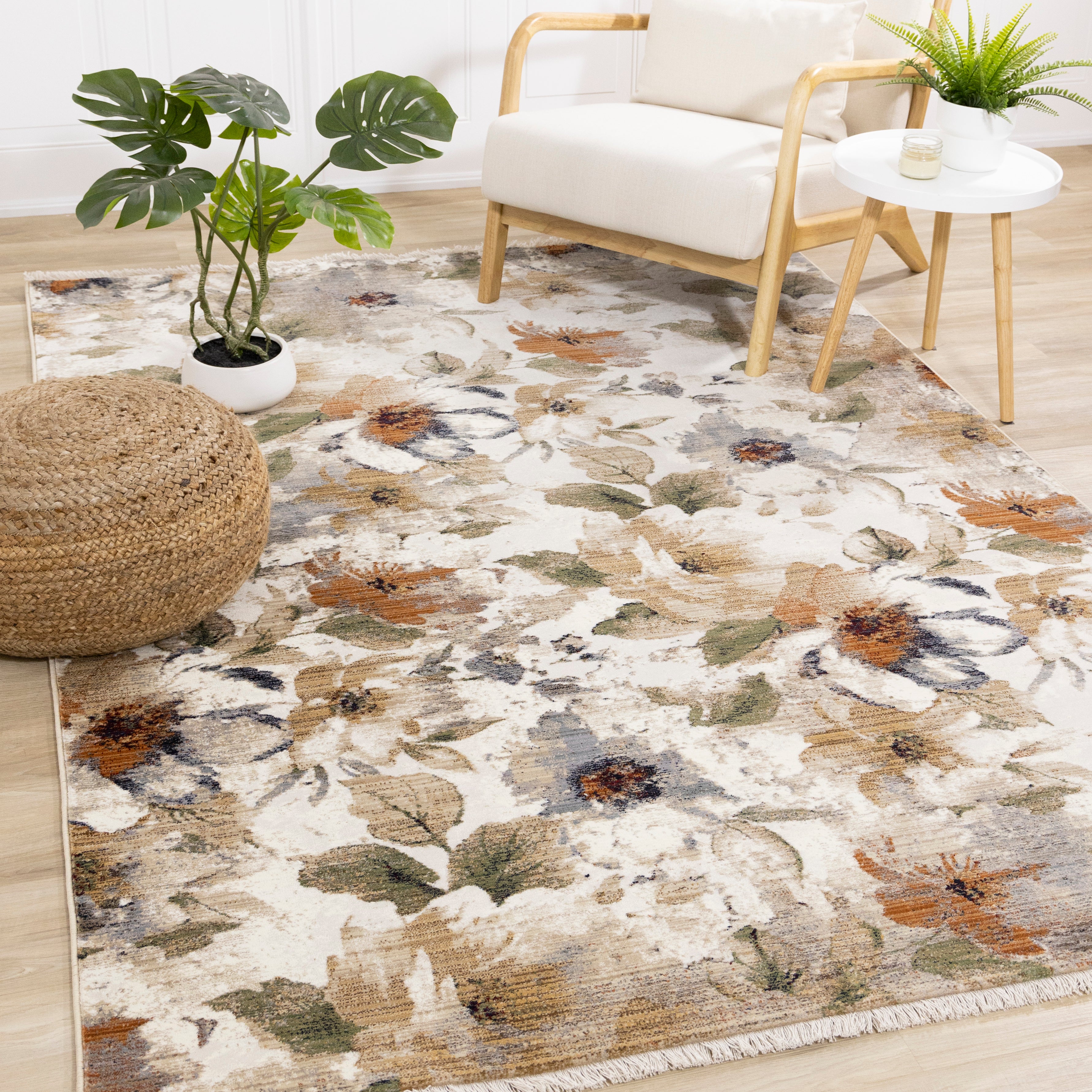 Serene Warm Toned Floral Print Rug