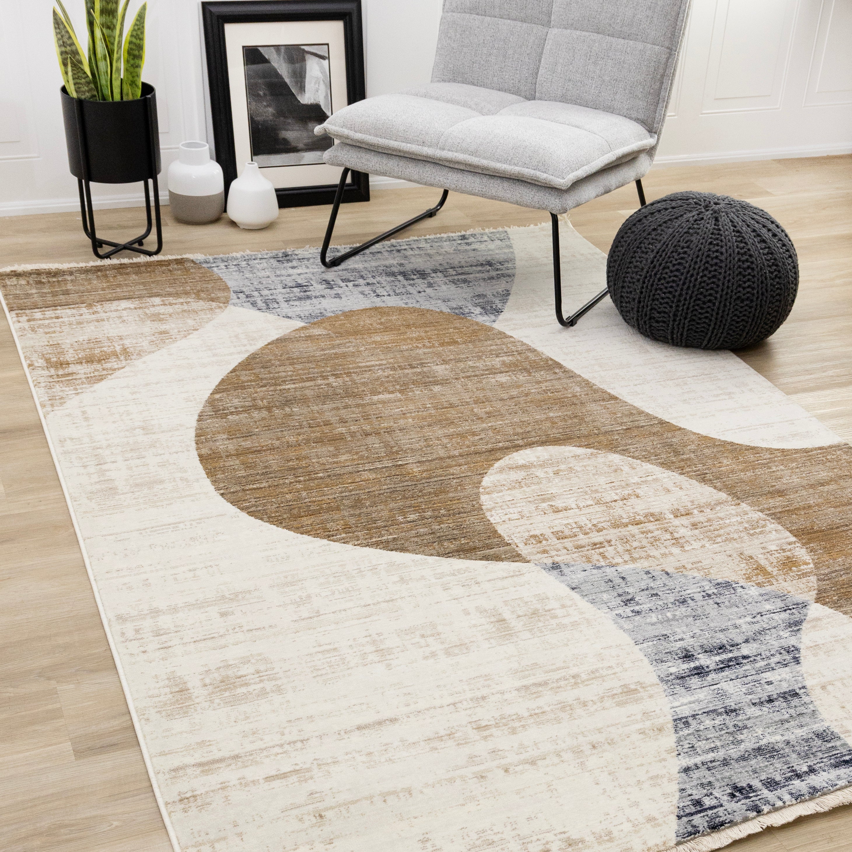 Serene Cream Brown Blue Distressed Curvy Shapes Design Rug