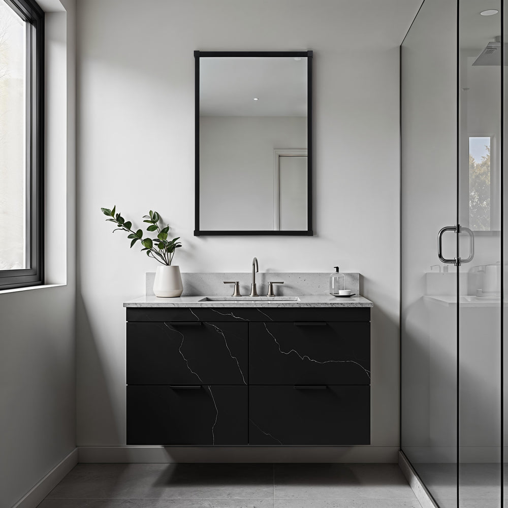Kauri 35" H x 22" W Wall Mirror, Black - White Label Lifestyle Image - MT2739