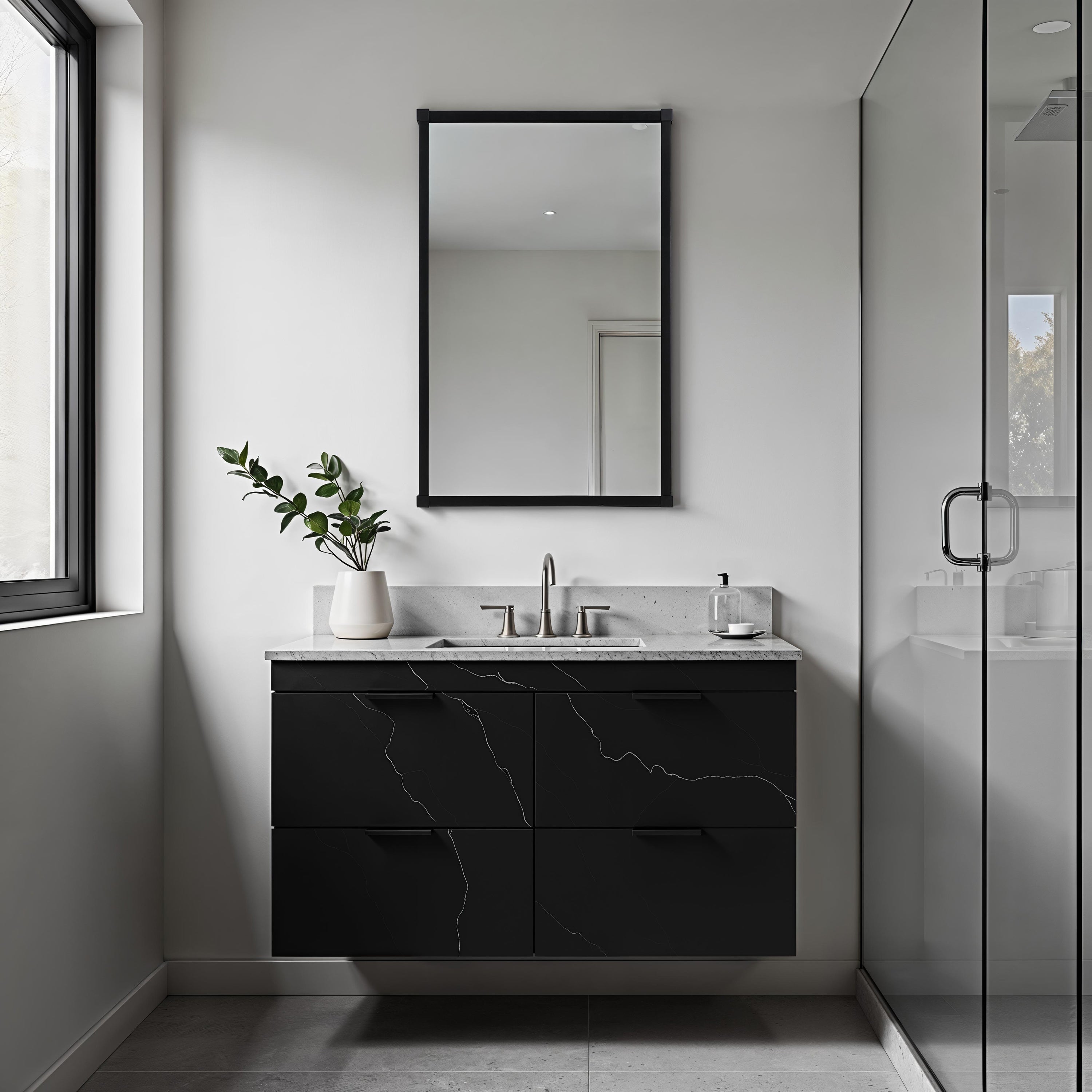 Kauri 35" H x 22" W Wall Mirror, Black - White Label Lifestyle Image - MT2739