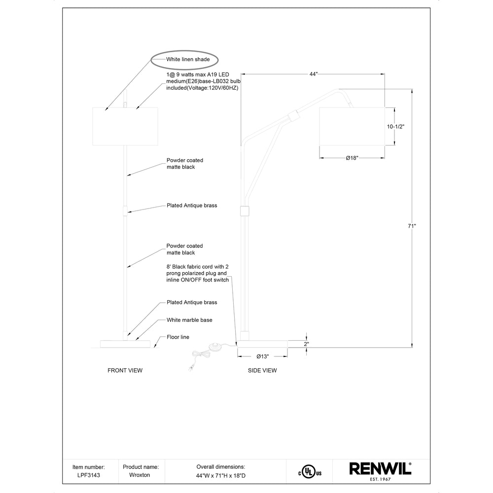 Wroxton 71" Length Floor Lamp, Matte Black - Technical Drawing - LPF3143