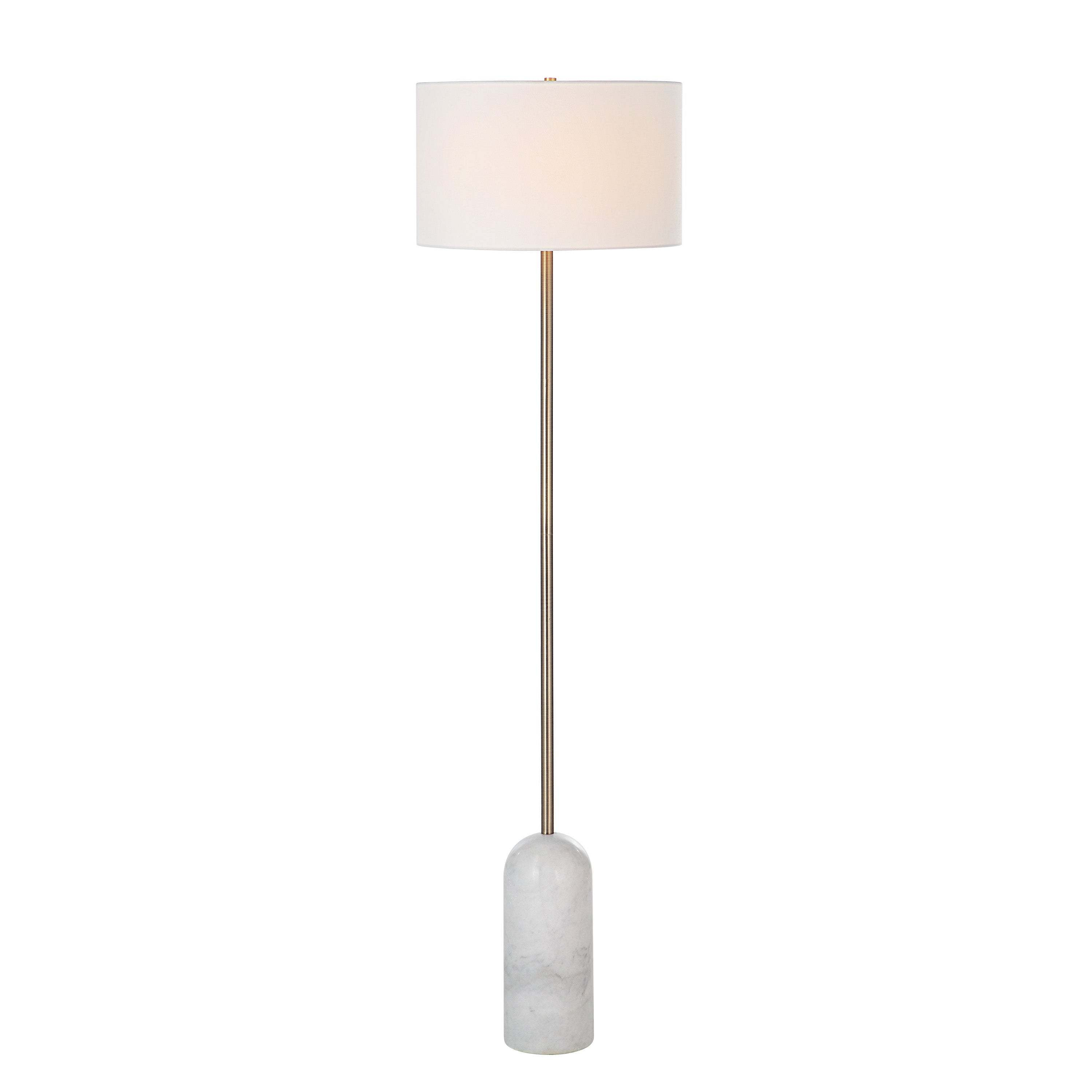 Lozica 62.5" Tall Antique Brushed Brass Floor Lamp with Drum Linen Shade - Angle Image - LPF3144