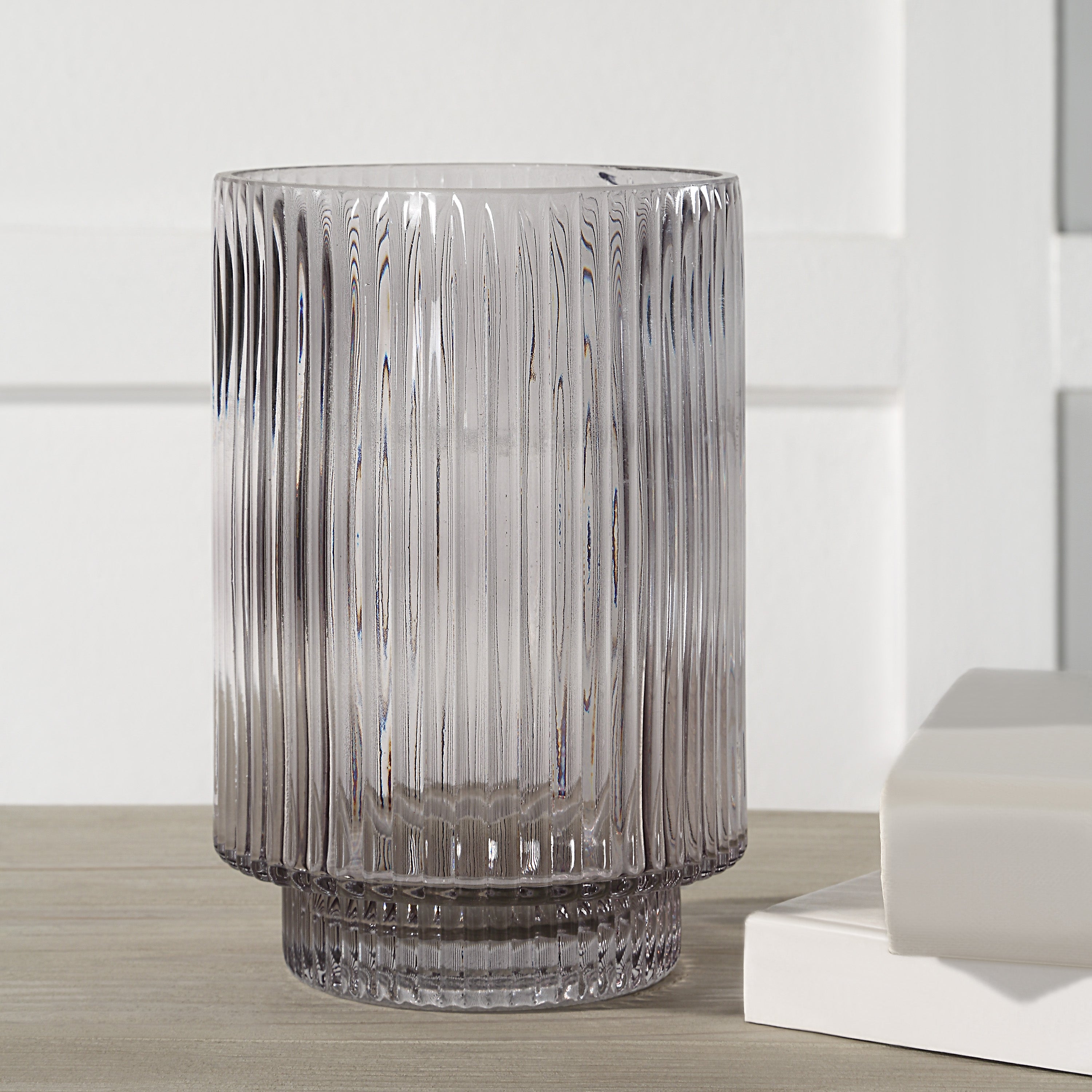 Amiens Indoor Mouth Blown Glass Glass Vase, Grey Fluted - Lifestyle Image - VAS287