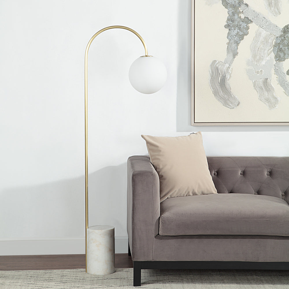 Merlot 62" Tall Satin Brass Floor Lamp with Globe Glass Shade - Lifestyle Image - LPF3151