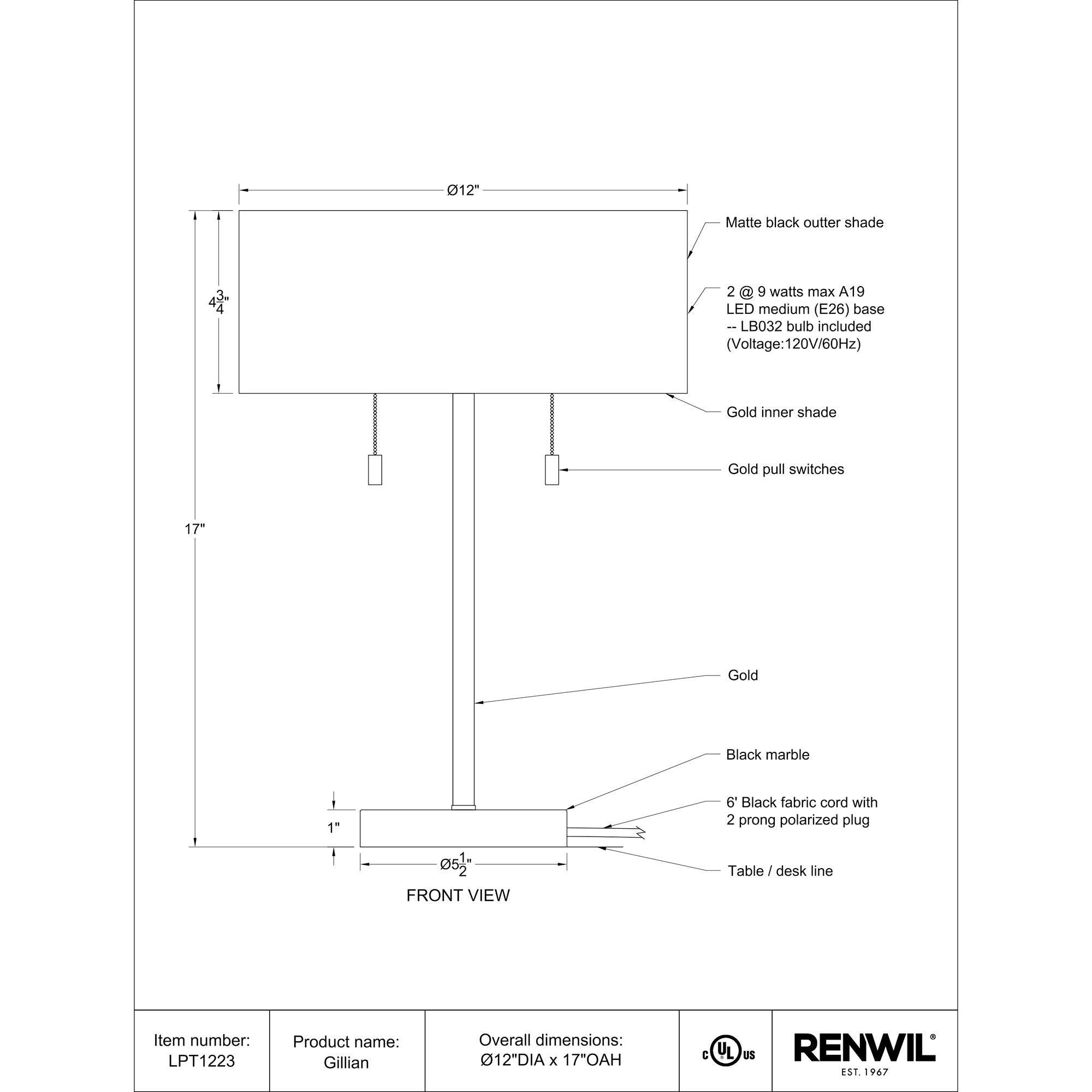 Gillian 17" Length Table Lamp, Black - Technical Drawing - LPT1223