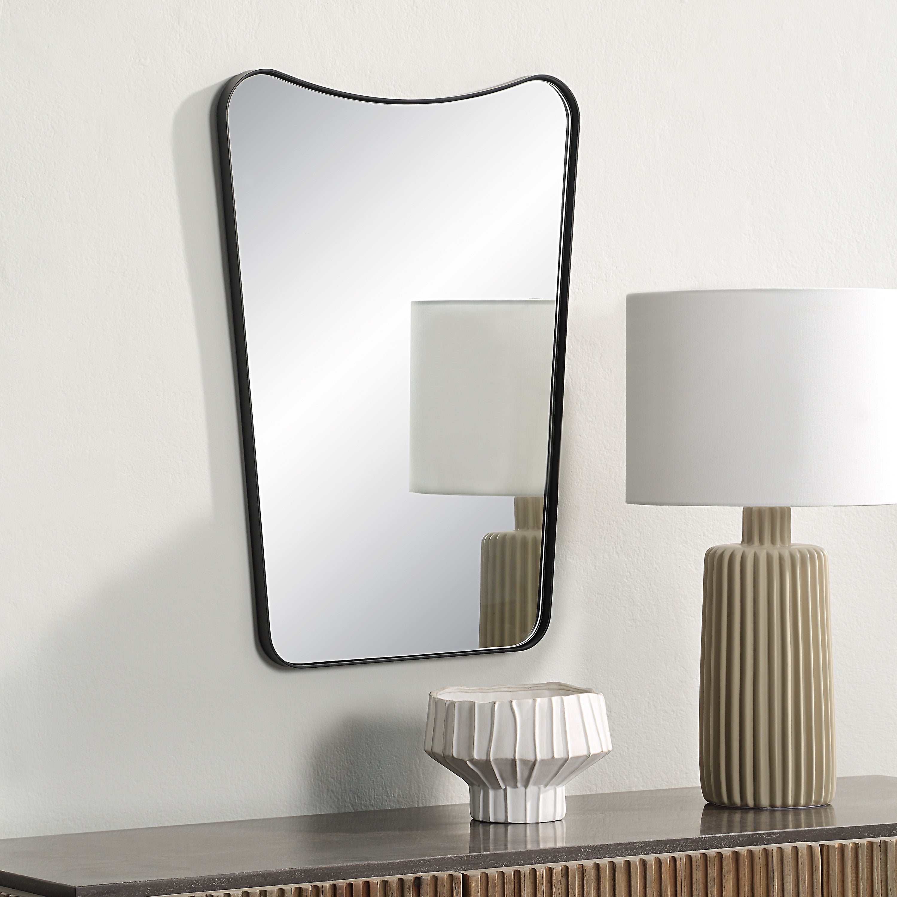 Kateri 28" Tall Irregular Wall Mirror, Black - White Label Lifestyle Image - MT2676