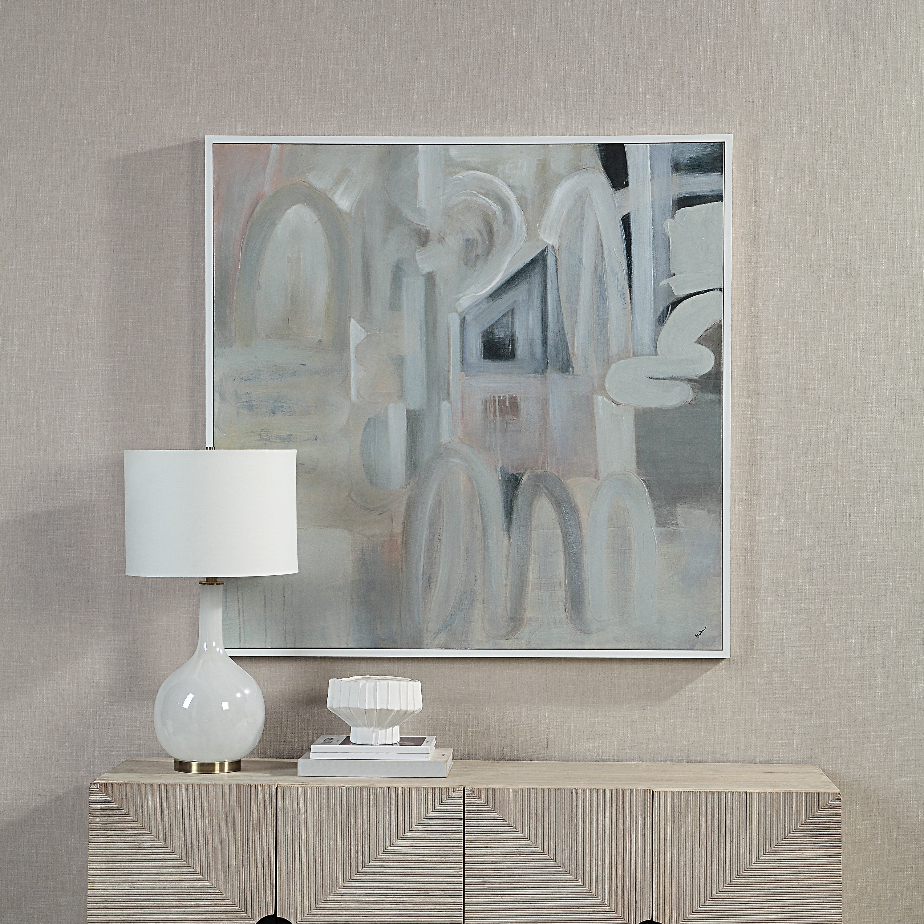 Palazzo 48" Wide Canvas Art with Wood Frame, Painted White - Lifestyle Image - OL2165