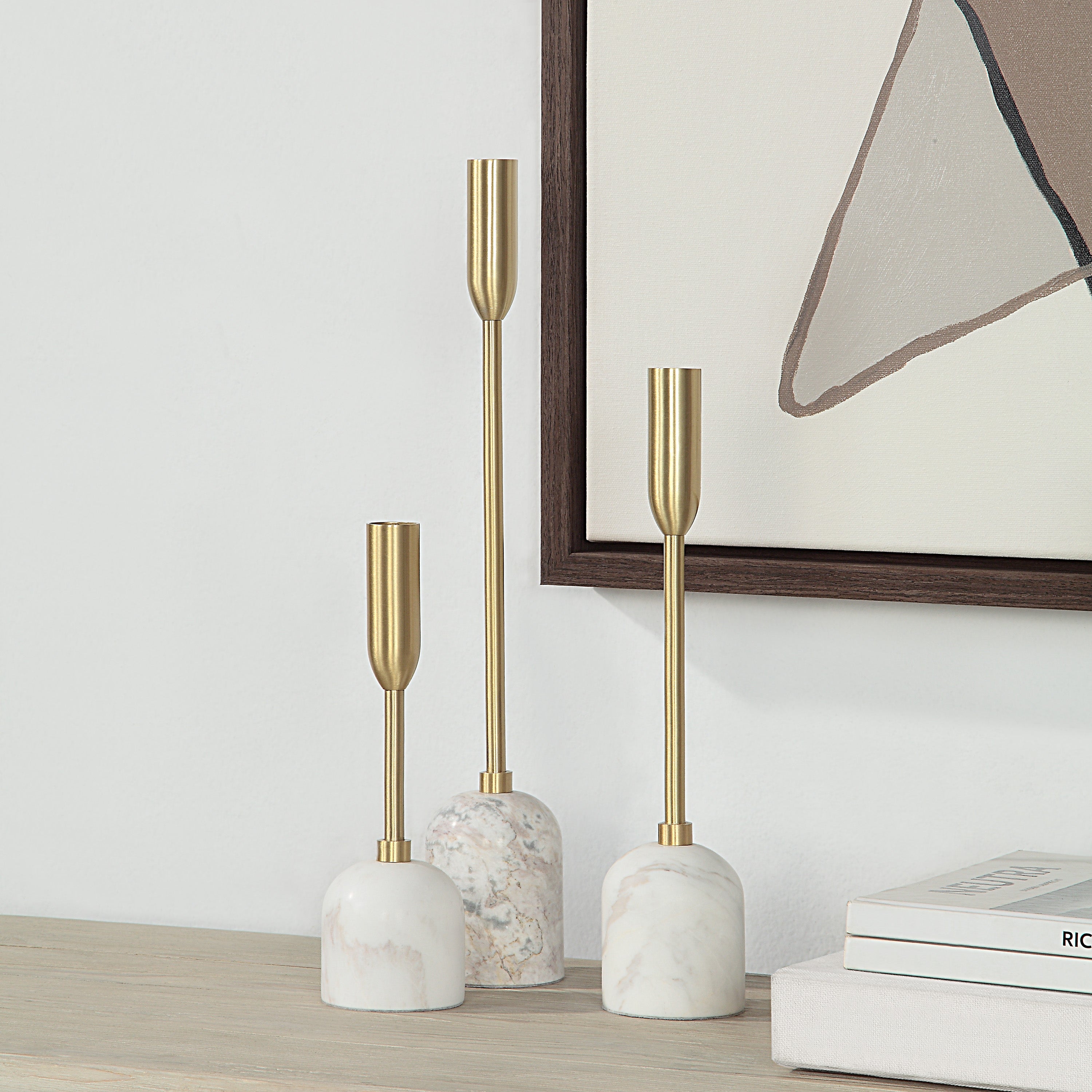 Marchesa Indoor Iron Set Of 3 Tapered Candle Holder, Satin Brass - Lifestyle Image - CAN183