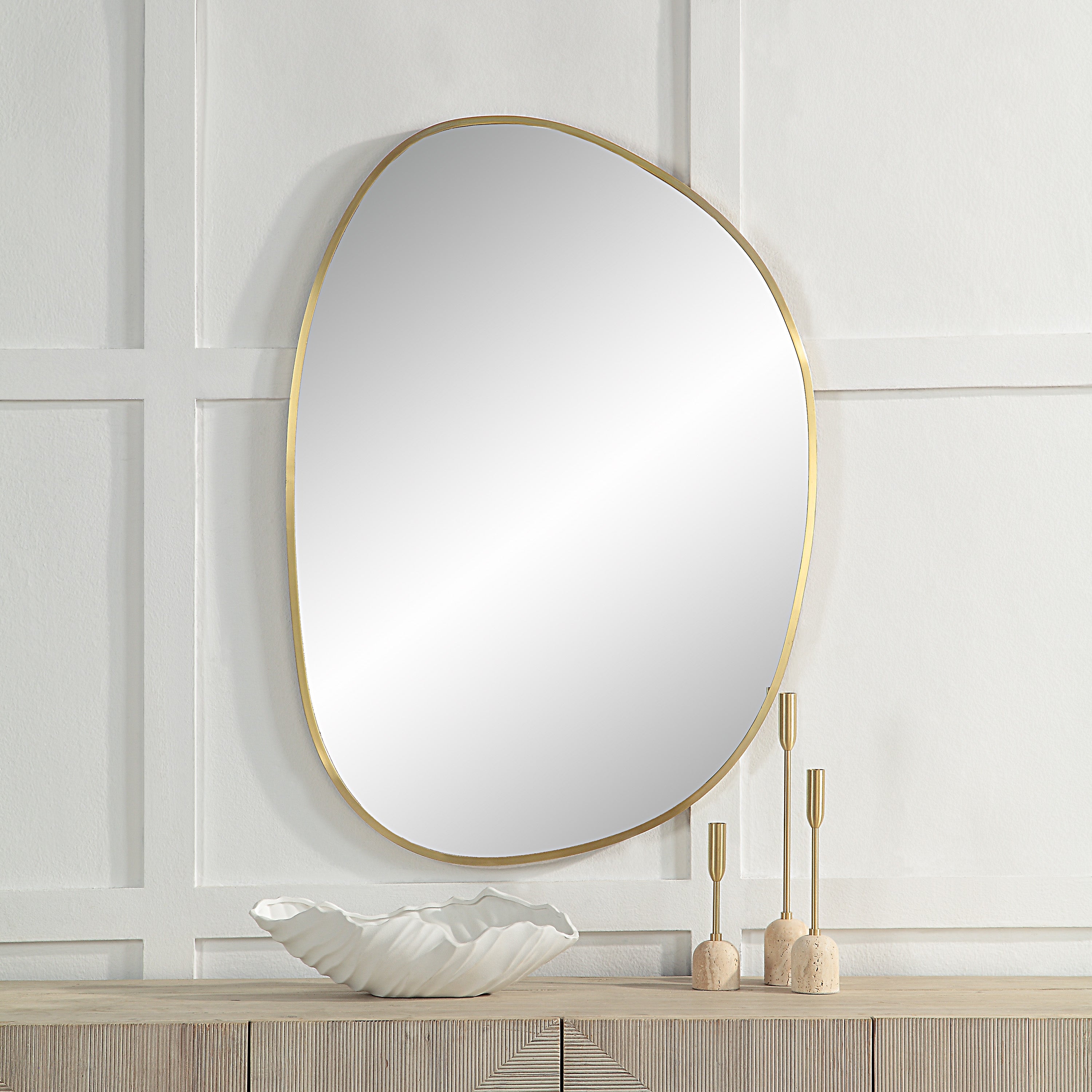 Camona 42" Tall Irregular Rectangular Oval Mirror, Satin Brass - Lifestyle Image - MT2621