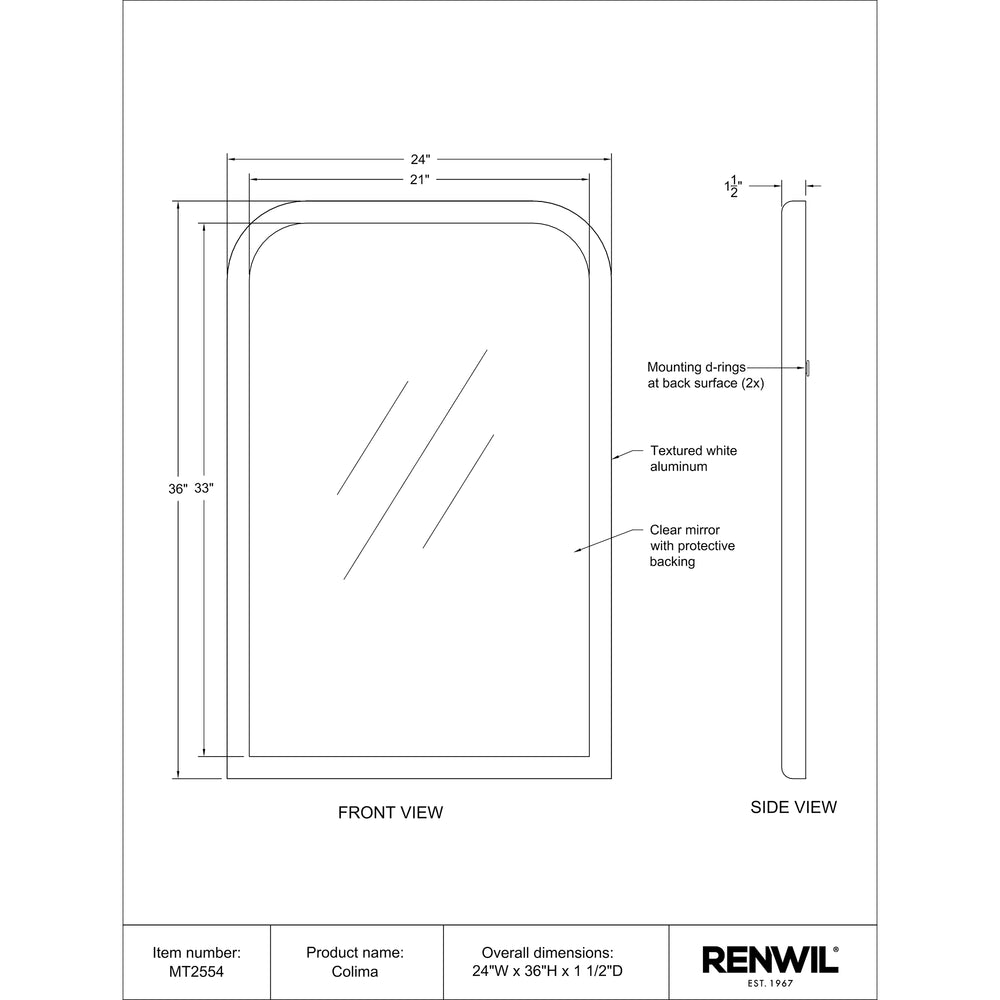Colima 36" Tall Arch Wall Mirror, White - Technical Drawing - MT2554