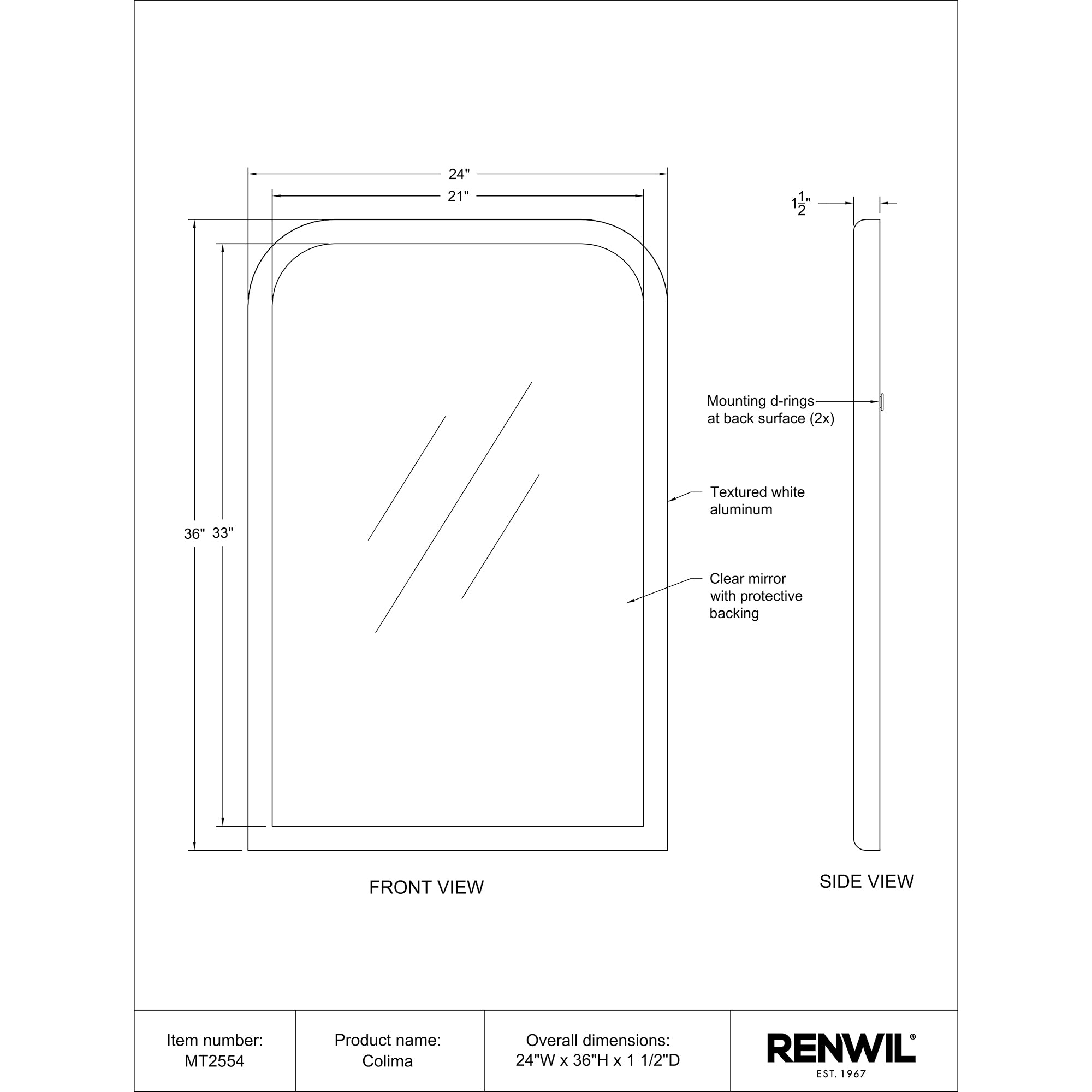 Colima 36" Tall Arch Wall Mirror, White - Technical Drawing - MT2554