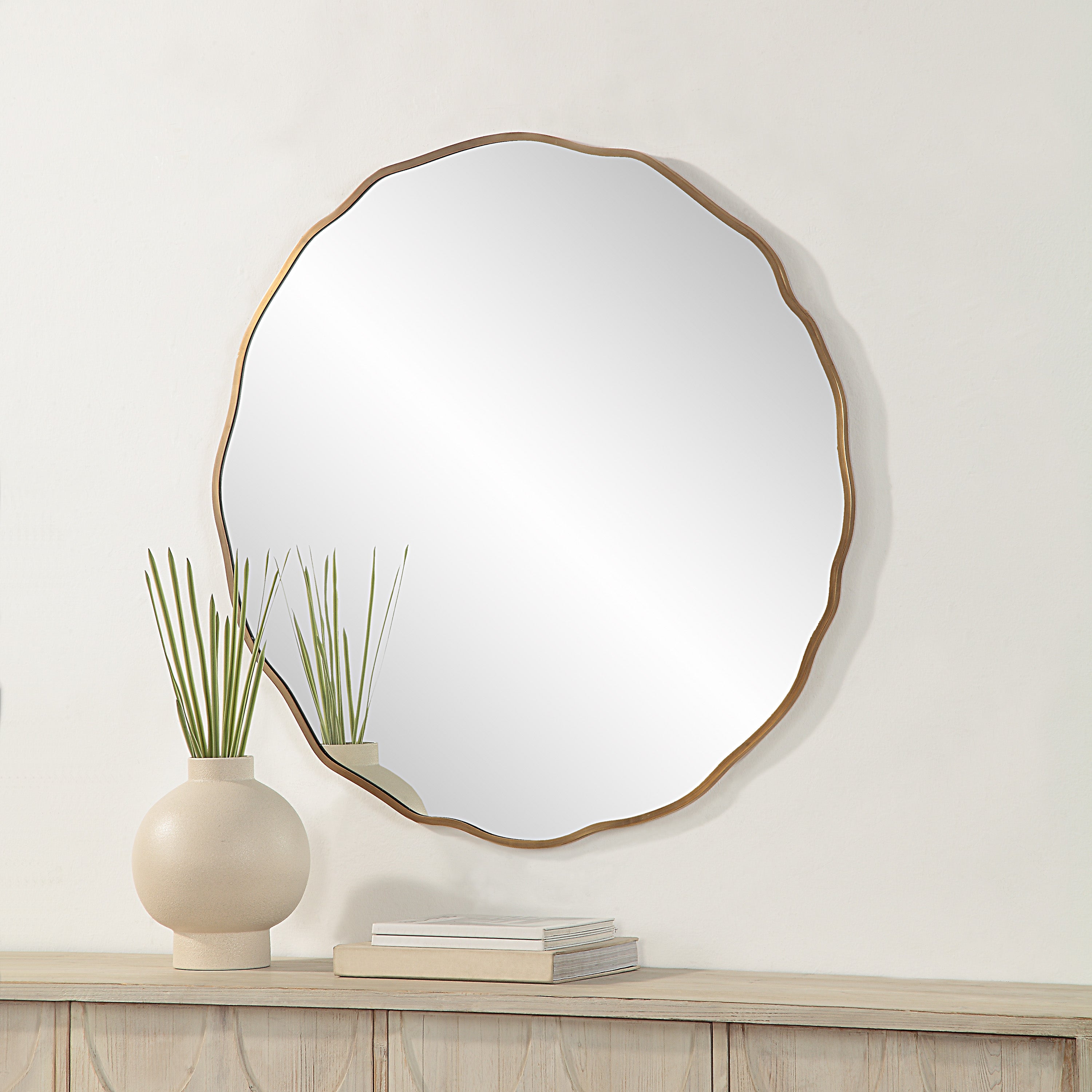 Bern 40" Tall Round Irregular Mirror, Antique Brushed Brass - Lifestyle Image - MT2634