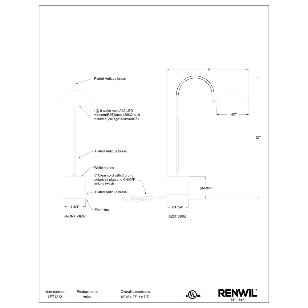 Volos 27" Length Table Lamp, White - Technical Drawing - LPT1212