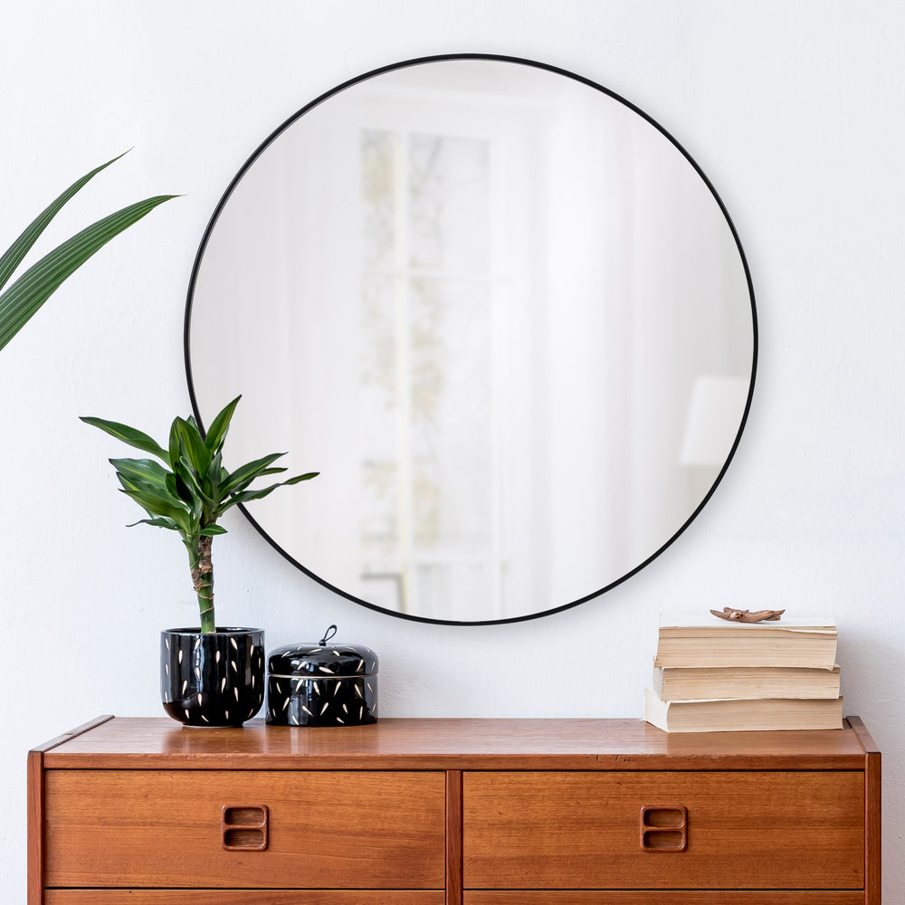 Claribel 30" Tall Round Wall Mirror, Black - Lifestyle Image - MT2414