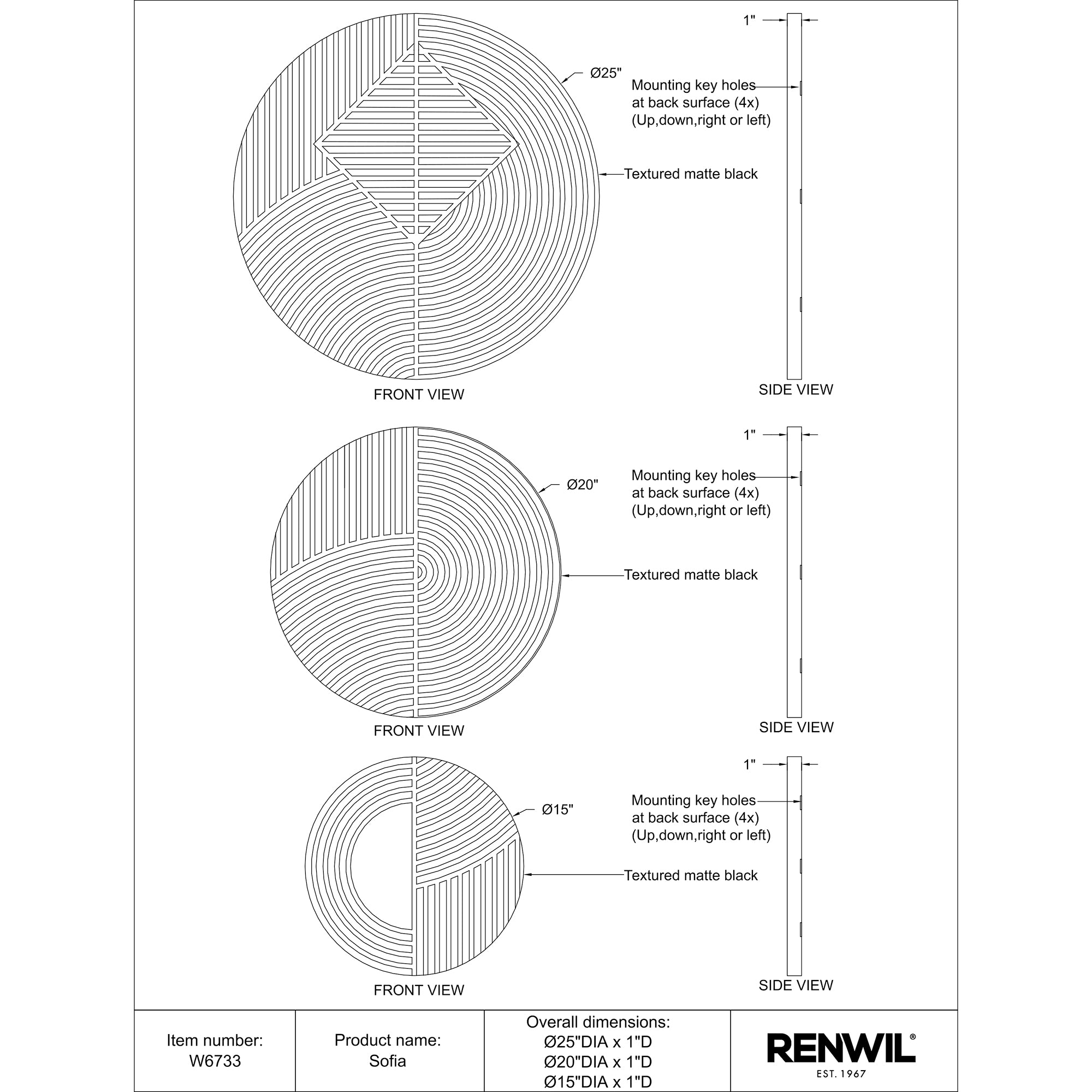 Sofia 3 Piece Wide Wall Art, Matte black - Technical Drawing - W6733