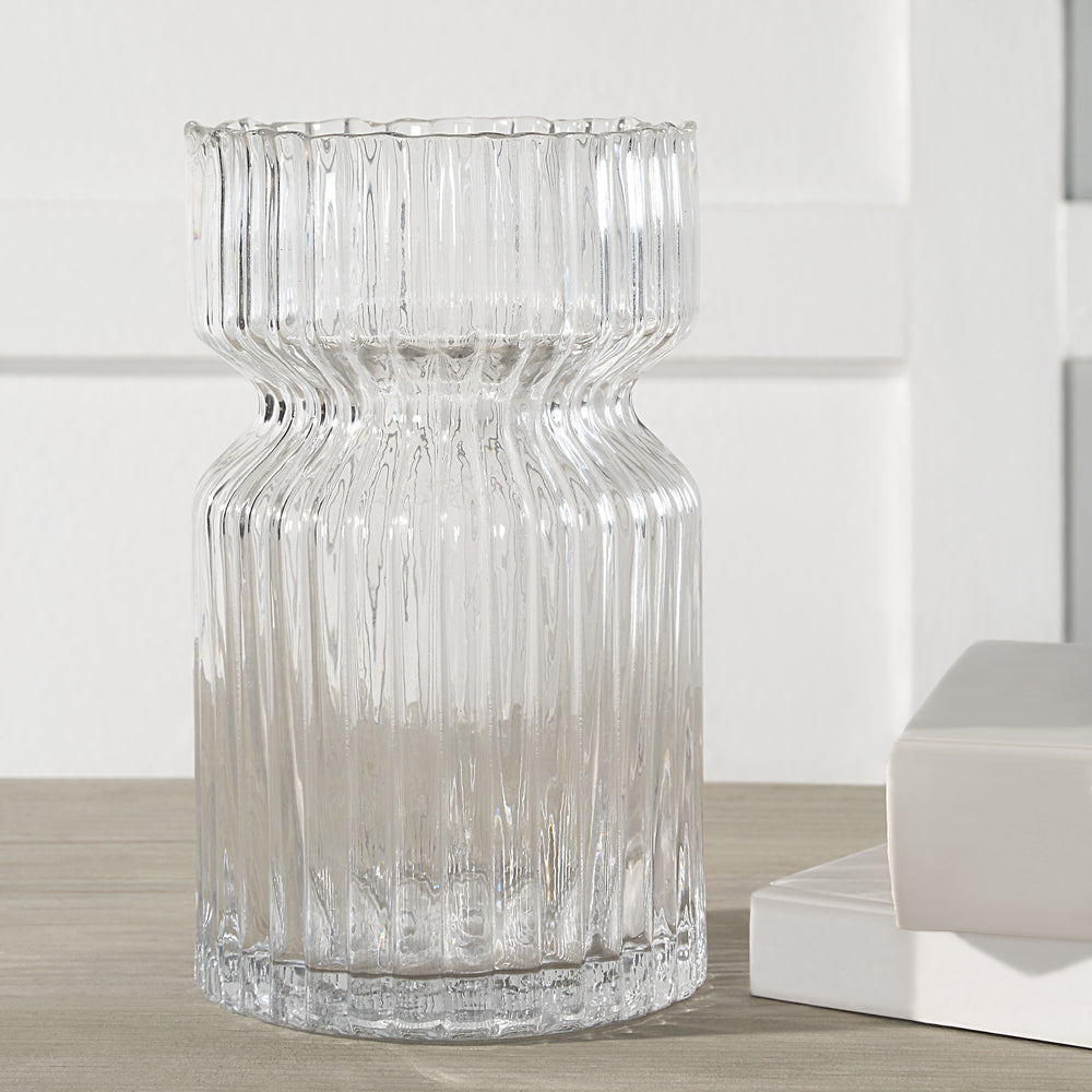 Gladys Indoor Mouth Blown Glass Glass Vase, Clear Fluted - Lifestyle Image - VAS286