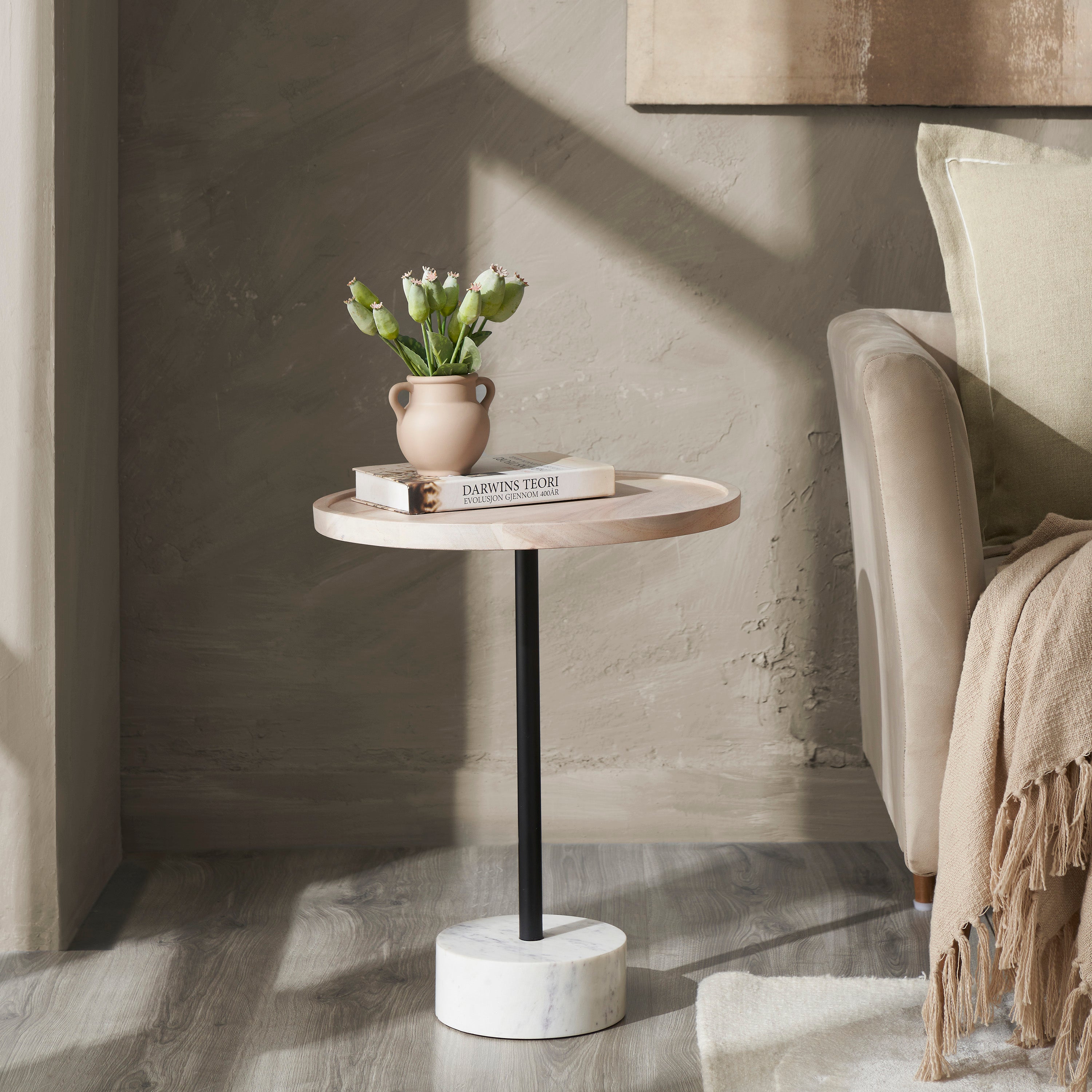 Antares Indoor Acacia Wood Side Table, Whitewash - Lifestyle Image - TA493