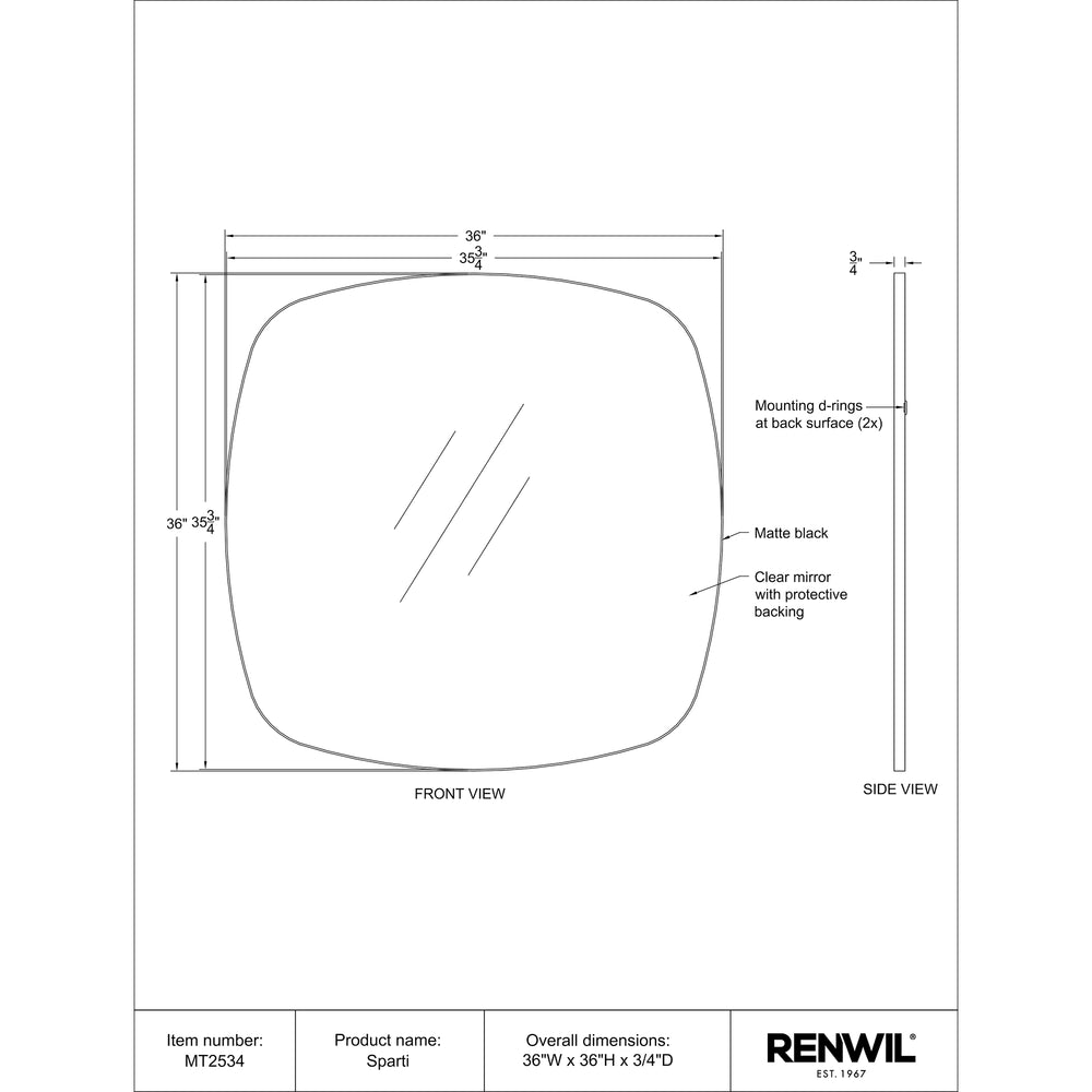 Sparti 36" Tall Square Wall Mirror, Black - Technical Drawing - MT2534