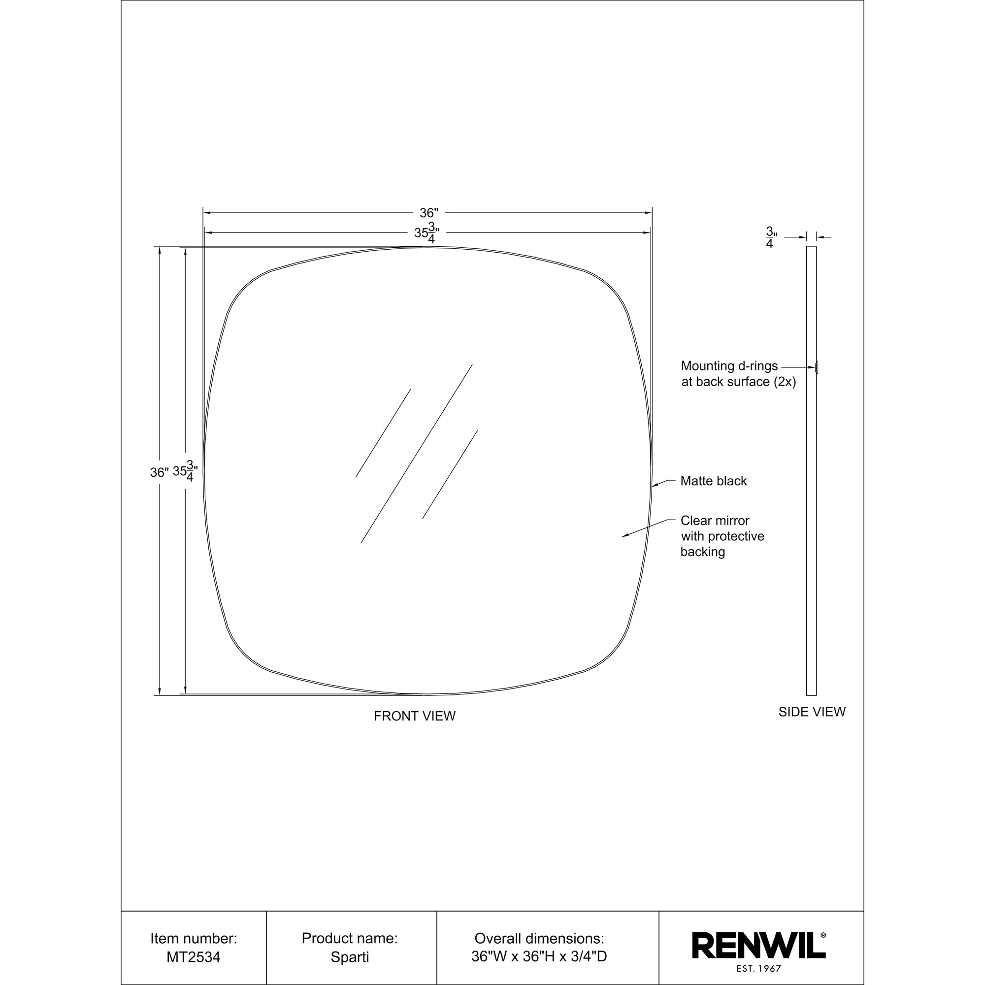 Sparti 36" Tall Square Wall Mirror, Black - Technical Drawing - MT2534