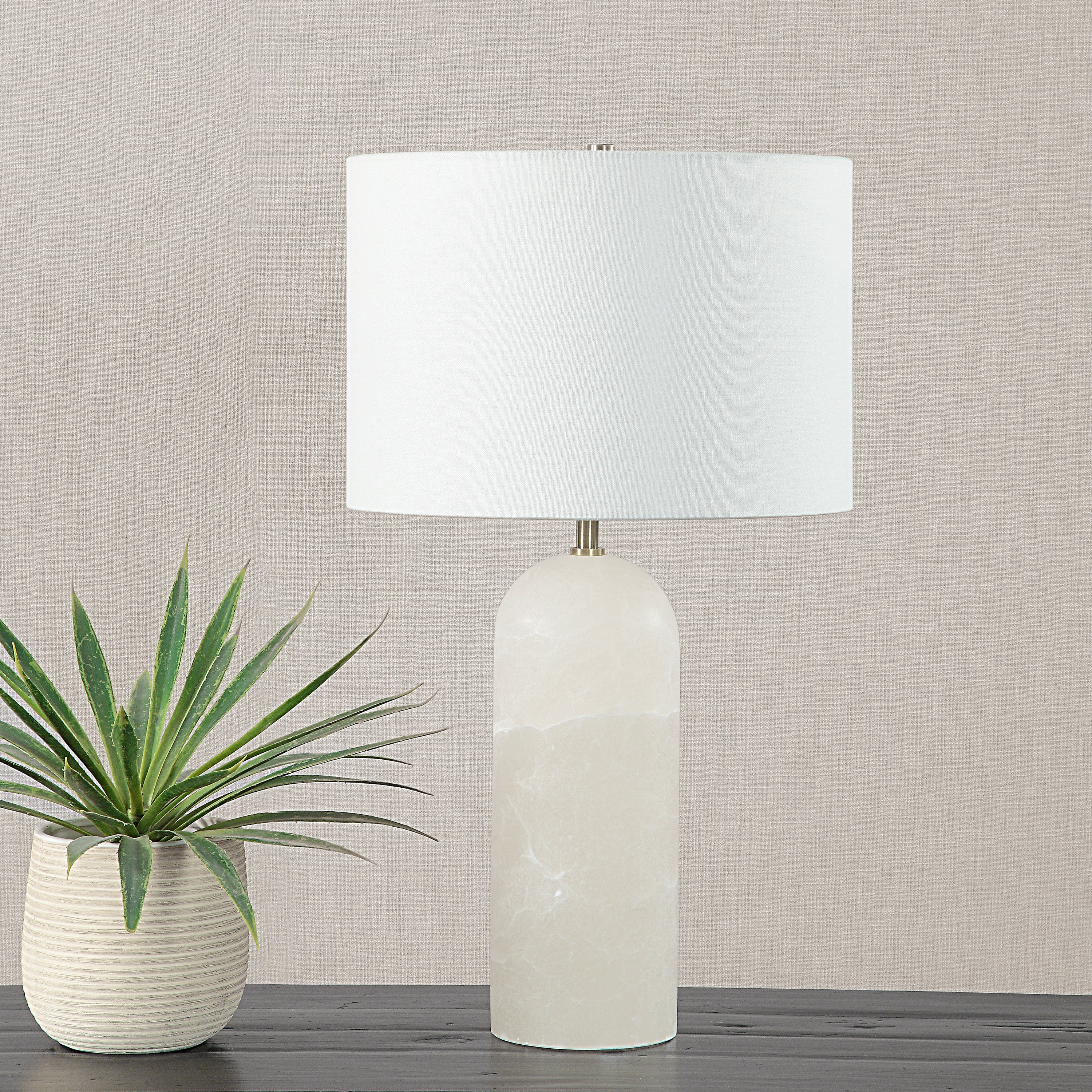 Ixia 25" Tall Plated Antique Brushed Brass Iron Table Lamp with Drum Linen Shade - Lifestyle Image - LPT1263