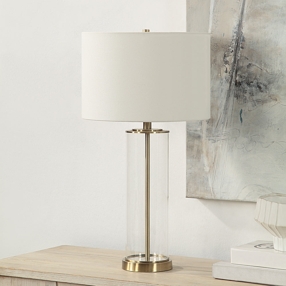 Saco 28" Tall Satin Brass Glass Table Lamp with Drum Linen Shade (Set of 2) - Lifestyle Image - LPT1264-SET2