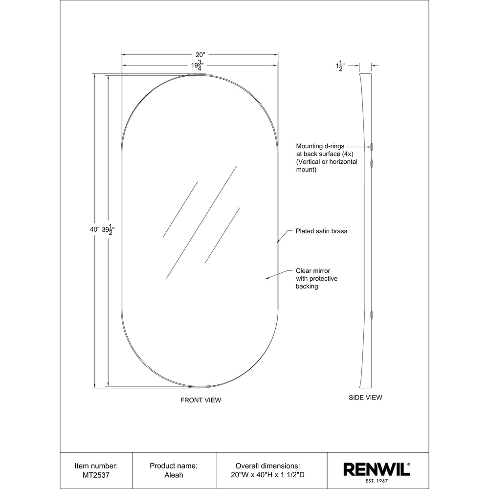 Aleah 40" Tall Oval Wall Mirror, Yellow - Technical Drawing - MT2537