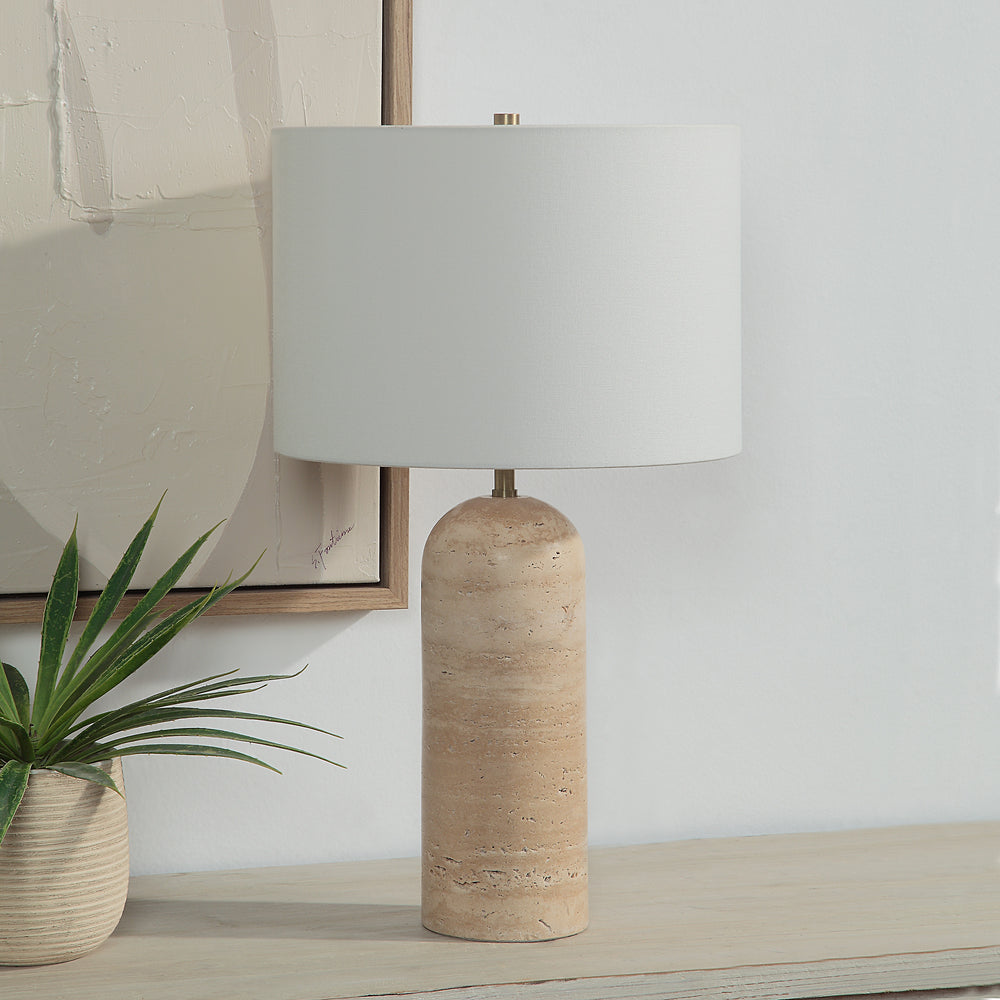 Ixora 25" Tall Plated Antique Brushed Brass Iron Table Lamp with Drum Linen Shade - Lifestyle Image - LPT1262