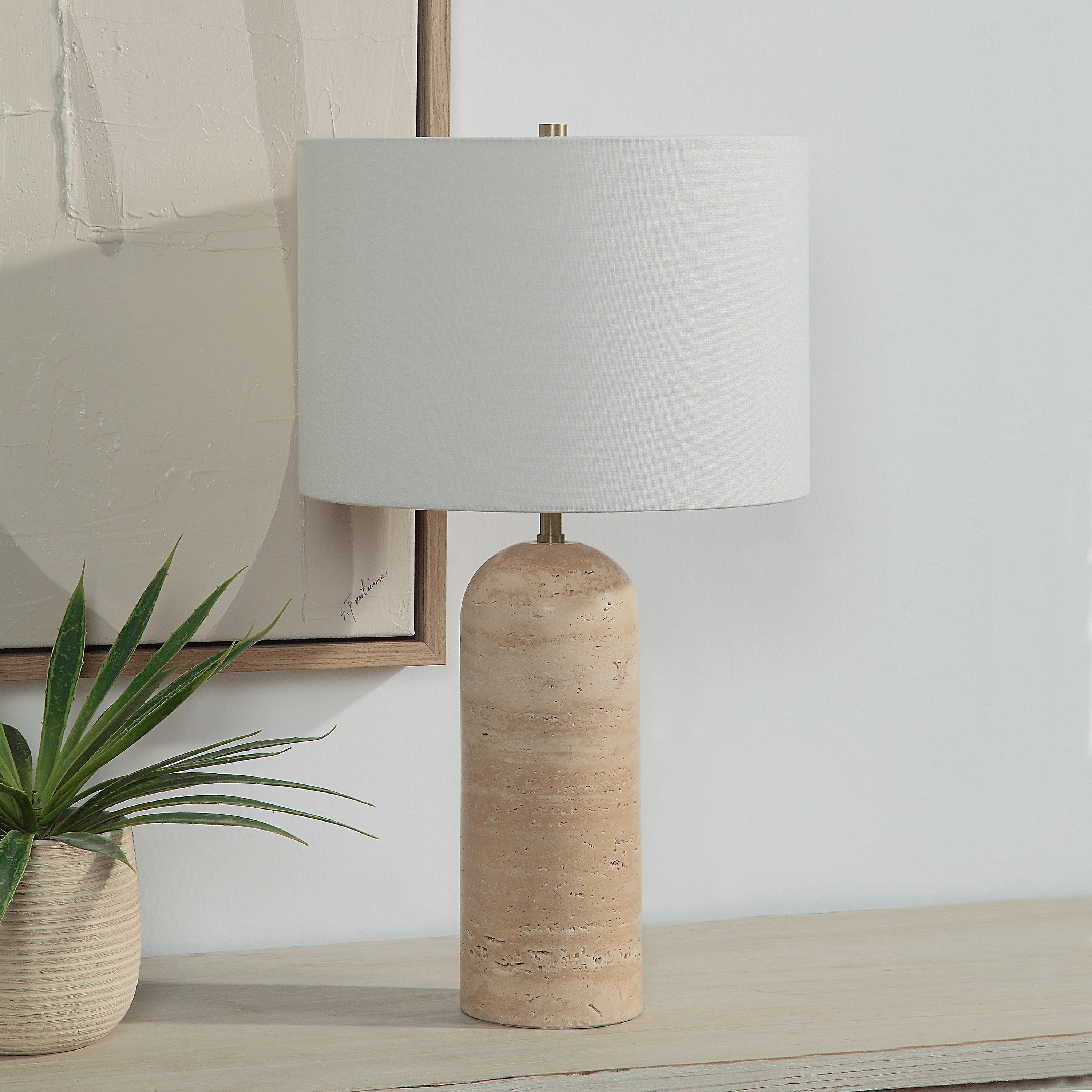 Ixora 25" Tall Plated Antique Brushed Brass Iron Table Lamp with Drum Linen Shade - Lifestyle Image - LPT1262