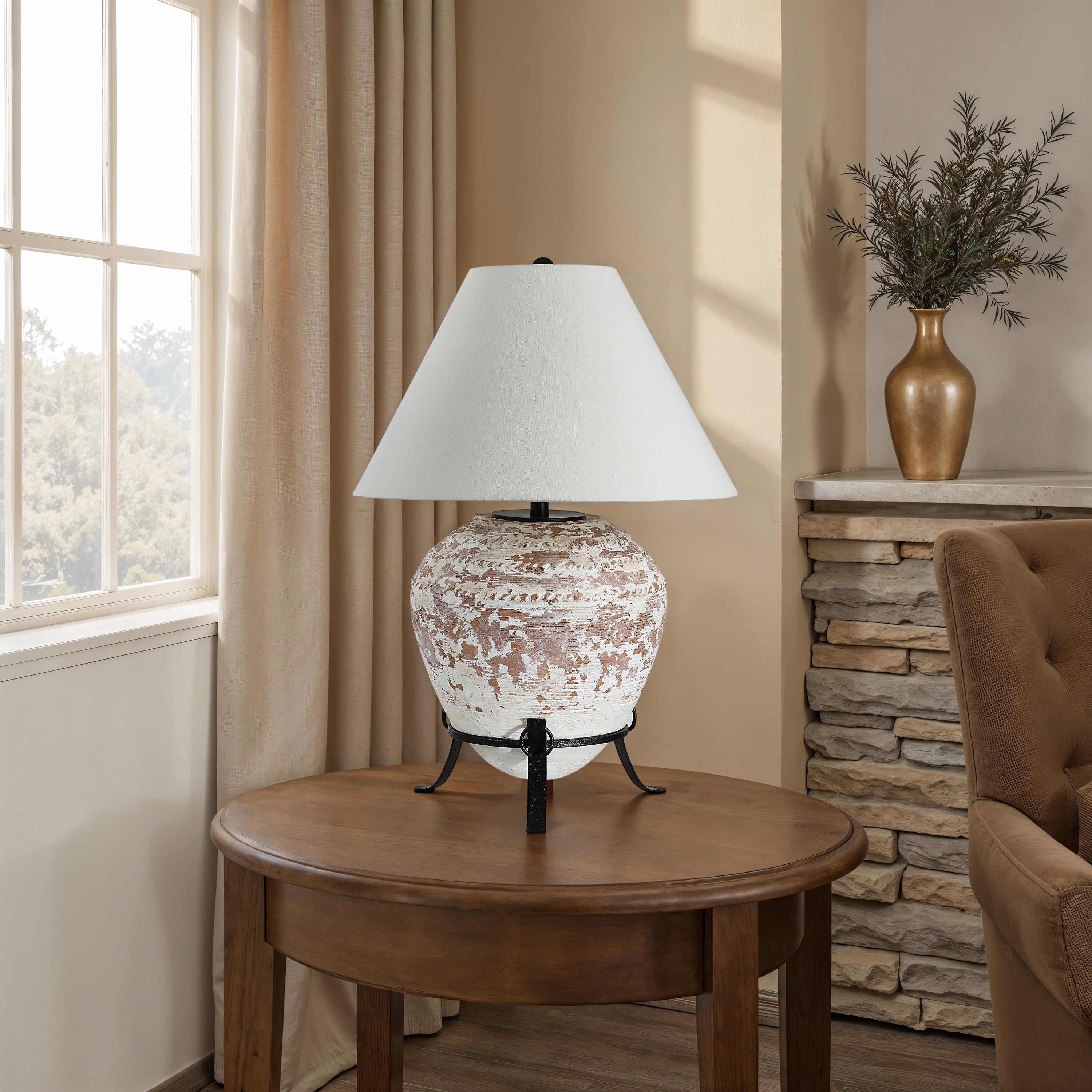 Silis 29.5" Height Table Lamps, Textured Ceramic (Off White And Brown) - White Label Lifestyle Image - LPT1375EV