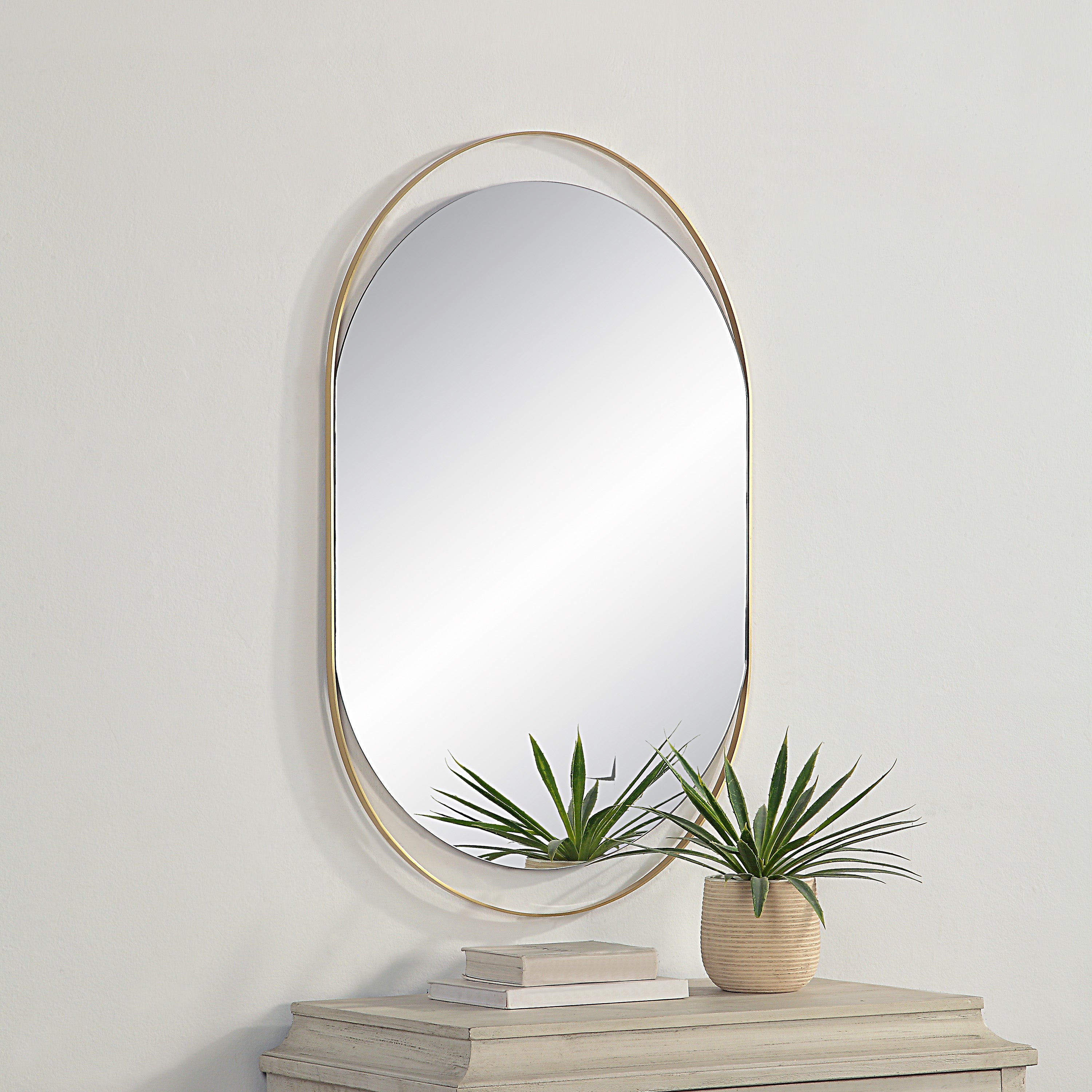 Ecru 40" Tall Pill Oval Mirror, Satin Brass - Lifestyle Image - MT2629