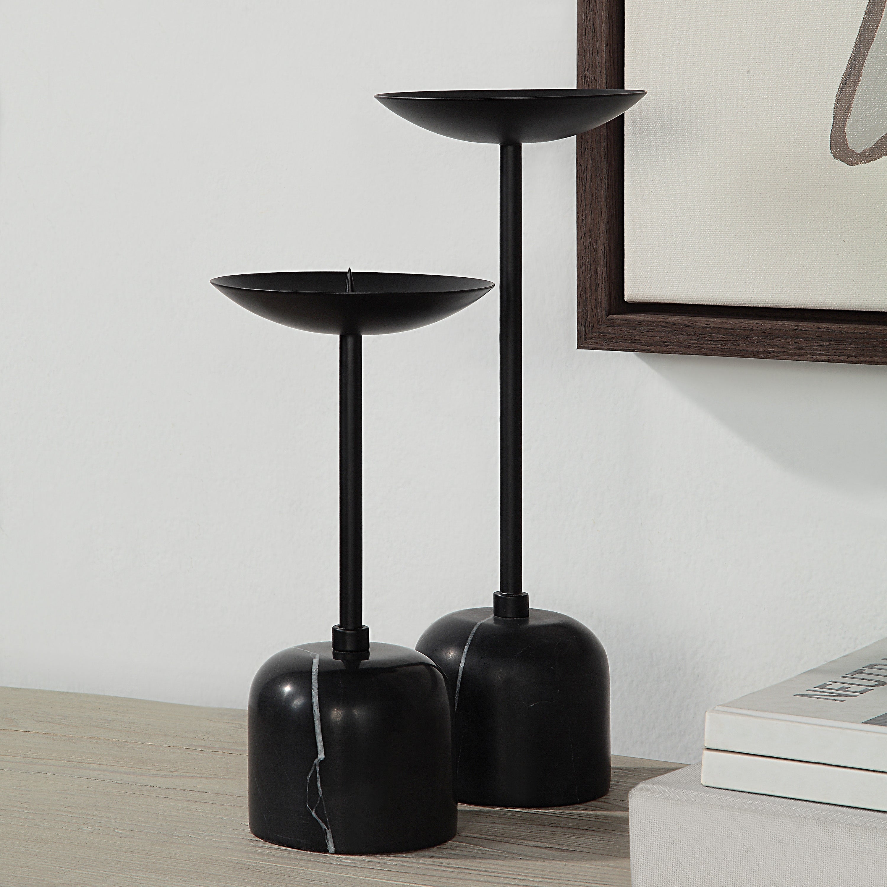 Uma Indoor Iron Set Of 2 Pillar Candle Holder, Matte Black - Lifestyle Image - CAN185