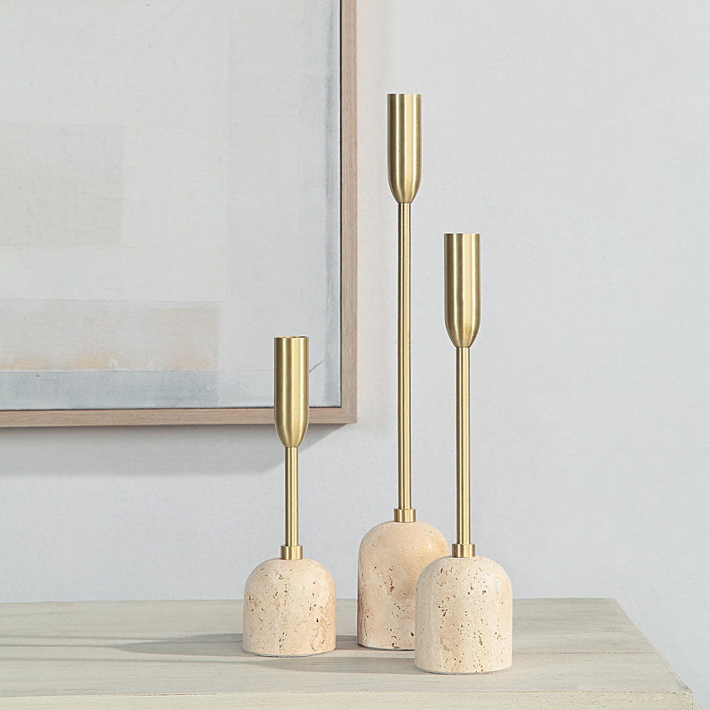 Vesta Indoor Iron Set Of 3 Tapered Candle Holder, Satin Brass - Lifestyle Image - CAN184