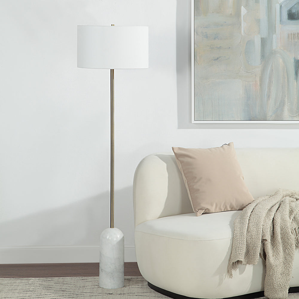 Lozica 62.5" Tall Antique Brushed Brass Floor Lamp with Drum Linen Shade - Lifestyle Image - LPF3144