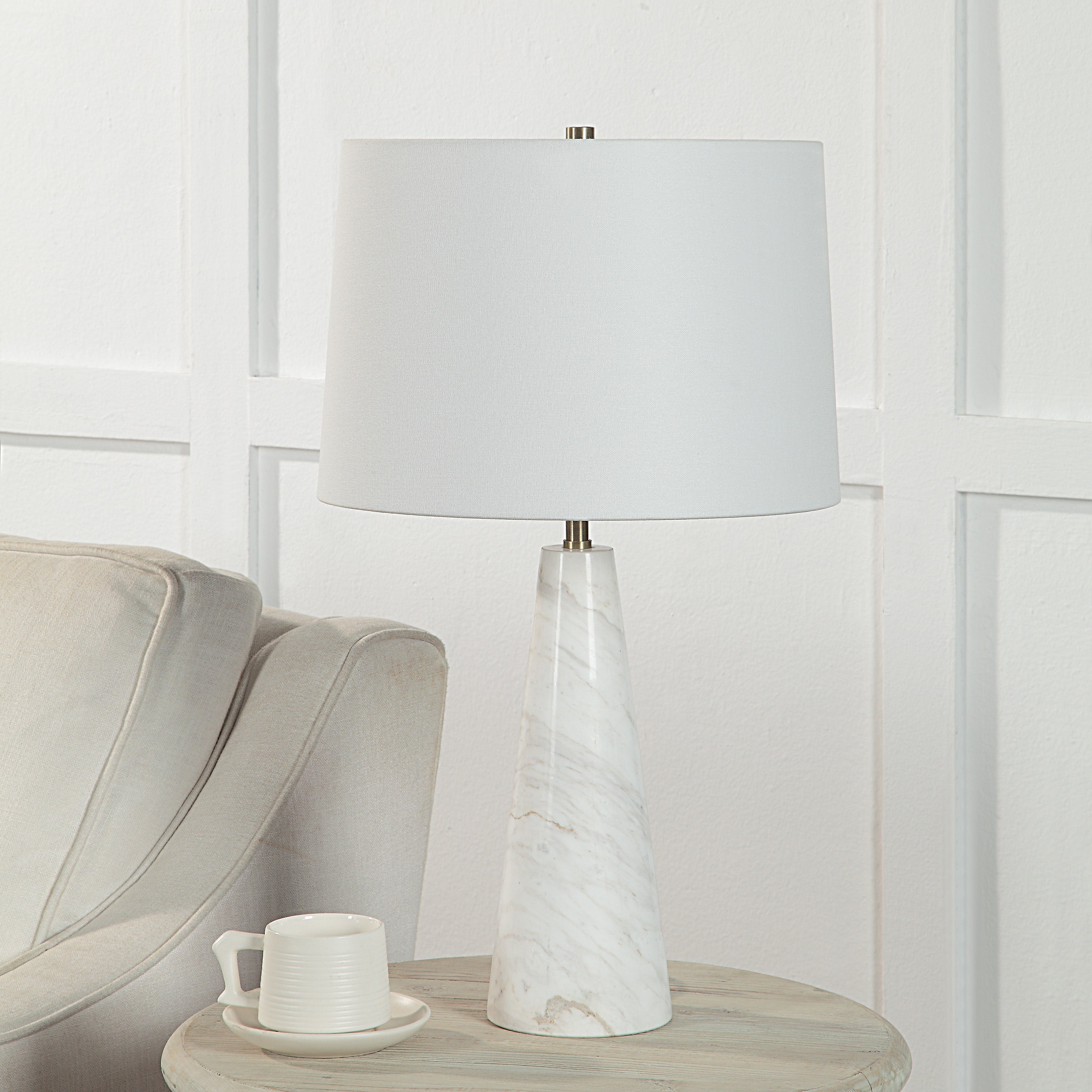 Vevey 25" Tall Plated Antique Brushed Brass Iron Table Lamp with Tapered Linen Shade - Lifestyle Image - LPT1260